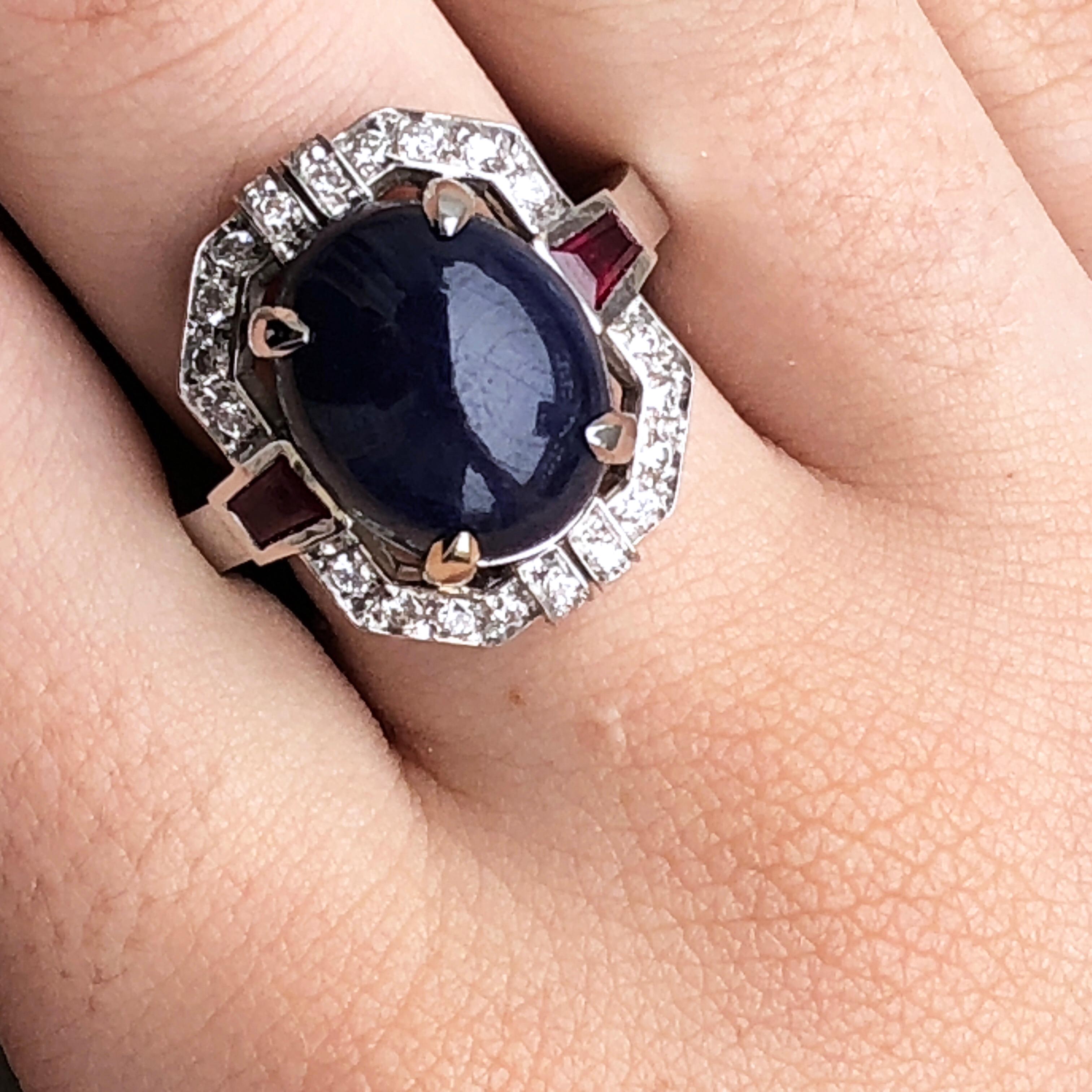 Berca 13.48Kt Oval Sapphire Cabochon 0.42Kt Diamond 0.66Kt Ruby Cocktail Ring 10