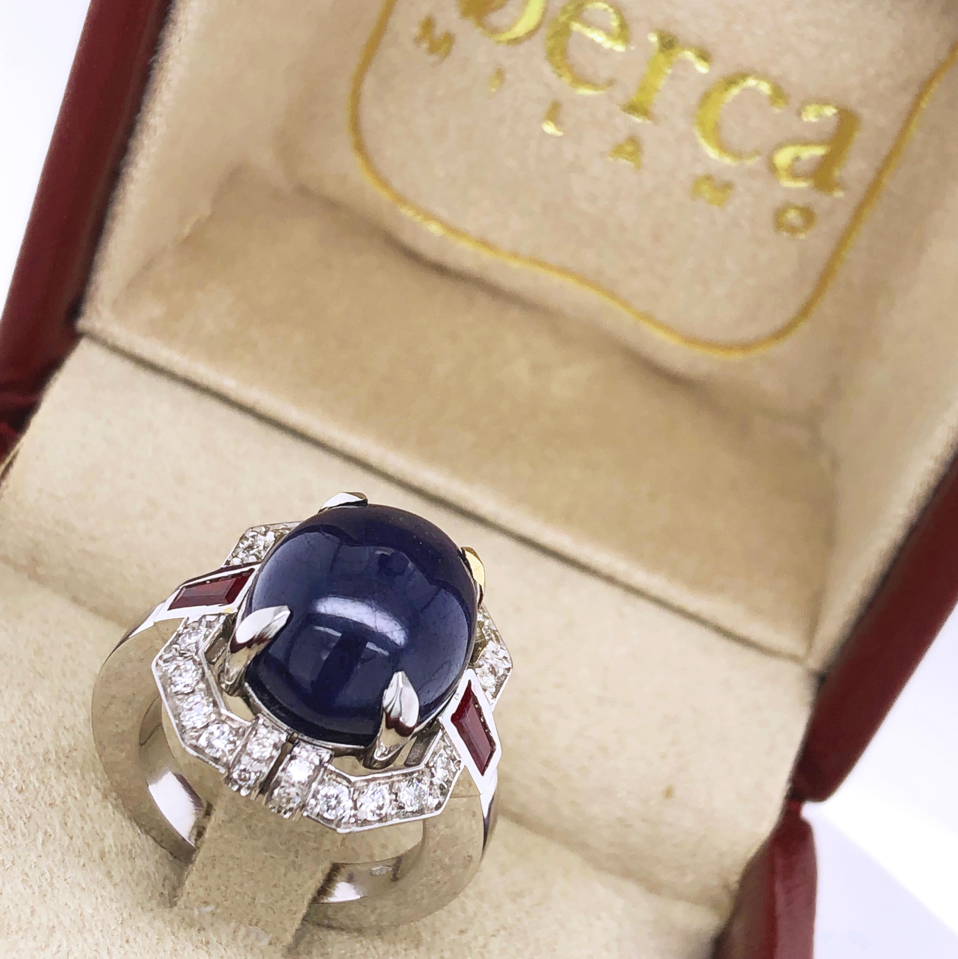 Berca 13.48Kt Oval Sapphire Cabochon 0.42Kt Diamond 0.66Kt Ruby Cocktail Ring 1