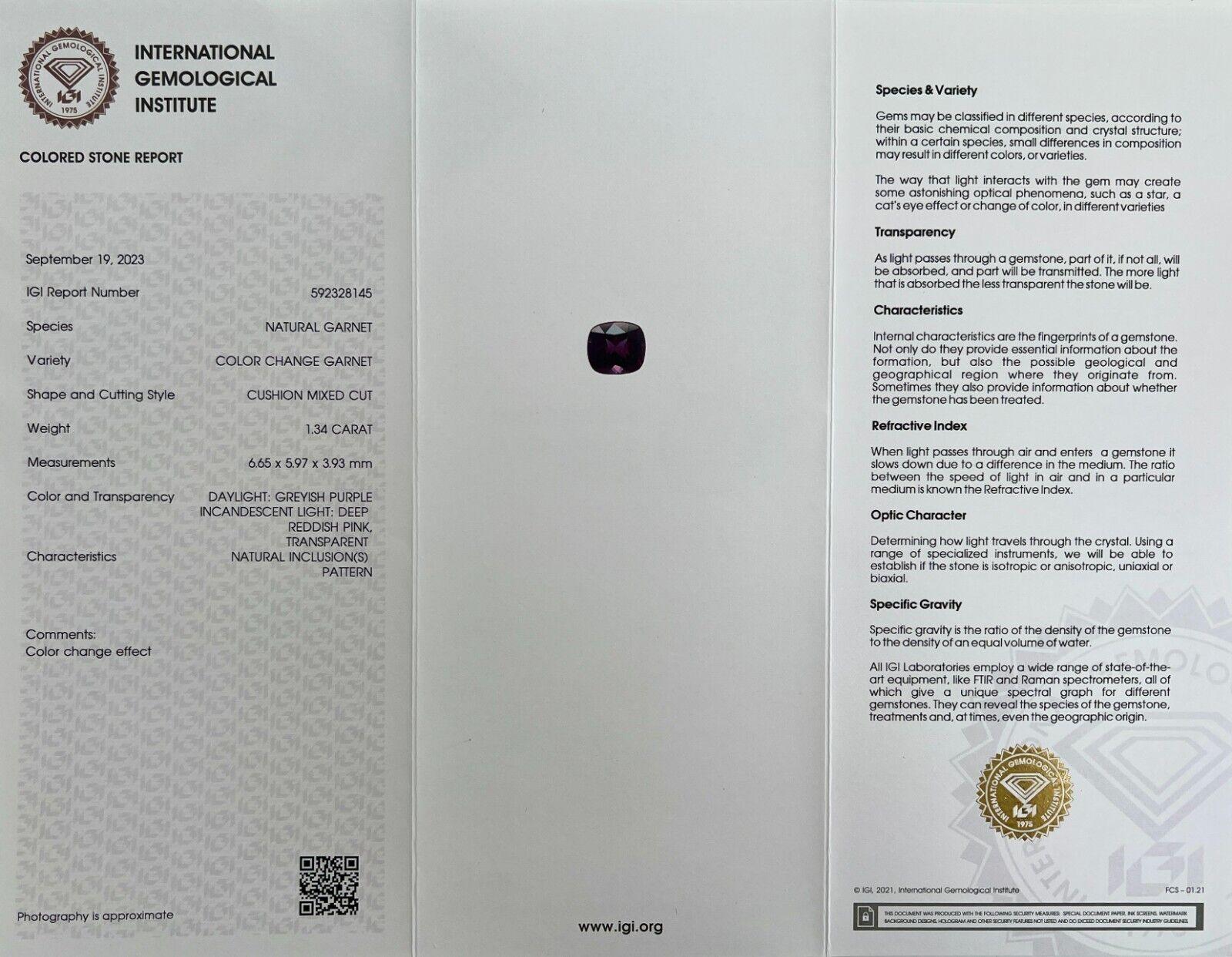 1.34ct Colour Change Garnet Natural Cushion Cut Rare IGI Certified Gemstone For Sale 13