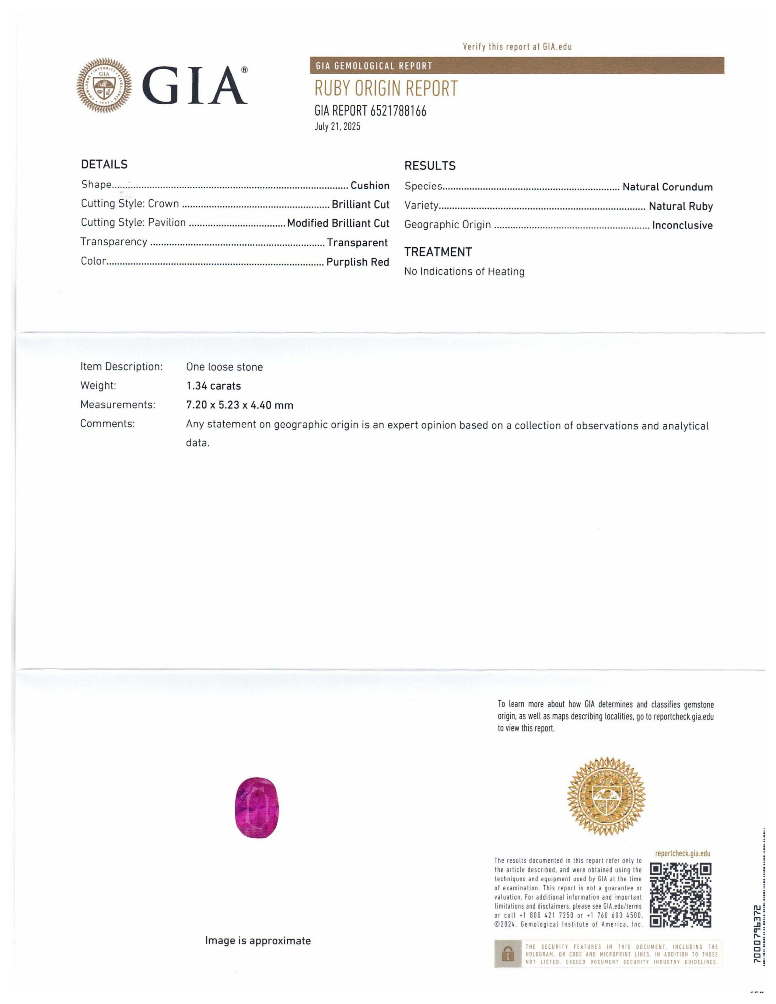 Si tratta di uno splendido rubino certificato GIA 


Il rapporto GIA recita come segue:

Numero del rapporto GIA: 6521788166
Forma: Cuscino
Stile di taglio: 
Stile di taglio: Corona: Taglio brillante
Stile di taglio: Padiglione: Taglio Brilliante