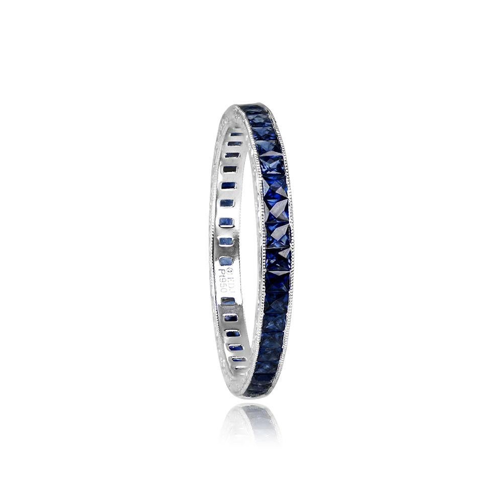 Art Deco 1.34ct French Cut Natural Blue Sapphire Eternity Band Ring, Platinum For Sale