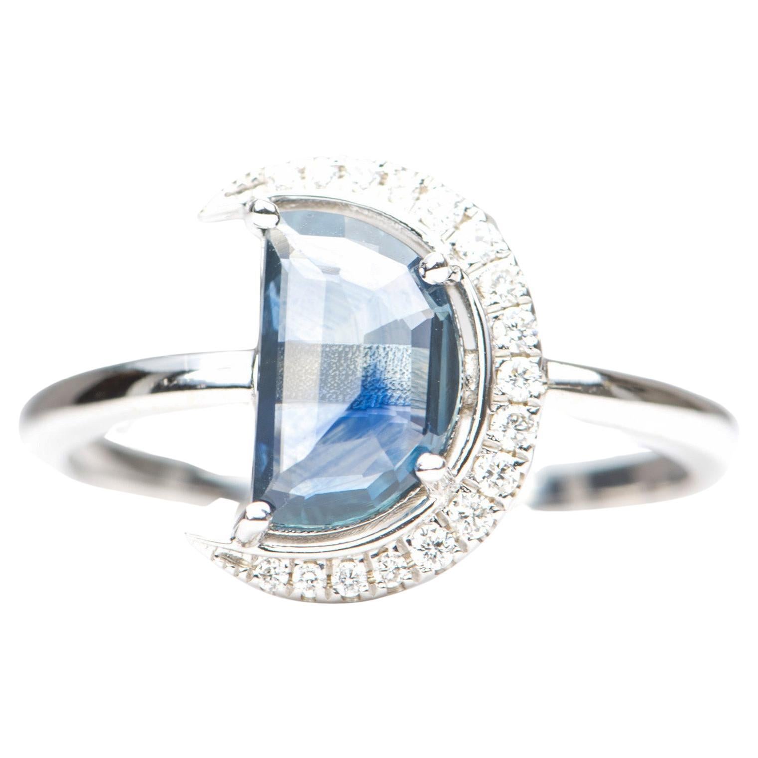 1.34ct Montana Sapphire Celestial Moon w/ Diamond Halo 14K Gold Engagement Ring For Sale