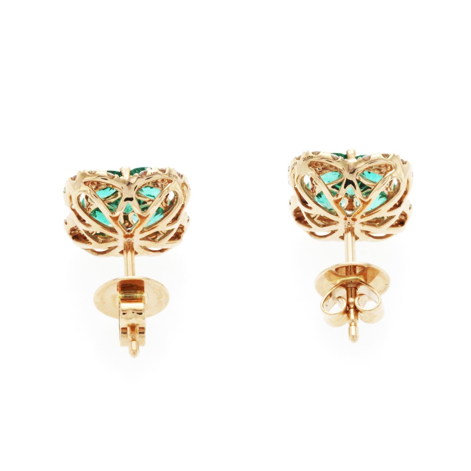 1.34ct Natural Emerald 0.34ct Diamonds 18k Gold Stud Four Leaf Clover Earrings In Excellent Condition For Sale In Los Angeles, CA