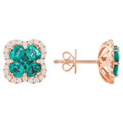 1.34ct Natural Emerald 0.34ct Diamonds 18k Gold Stud Four Leaf Clover Earrings