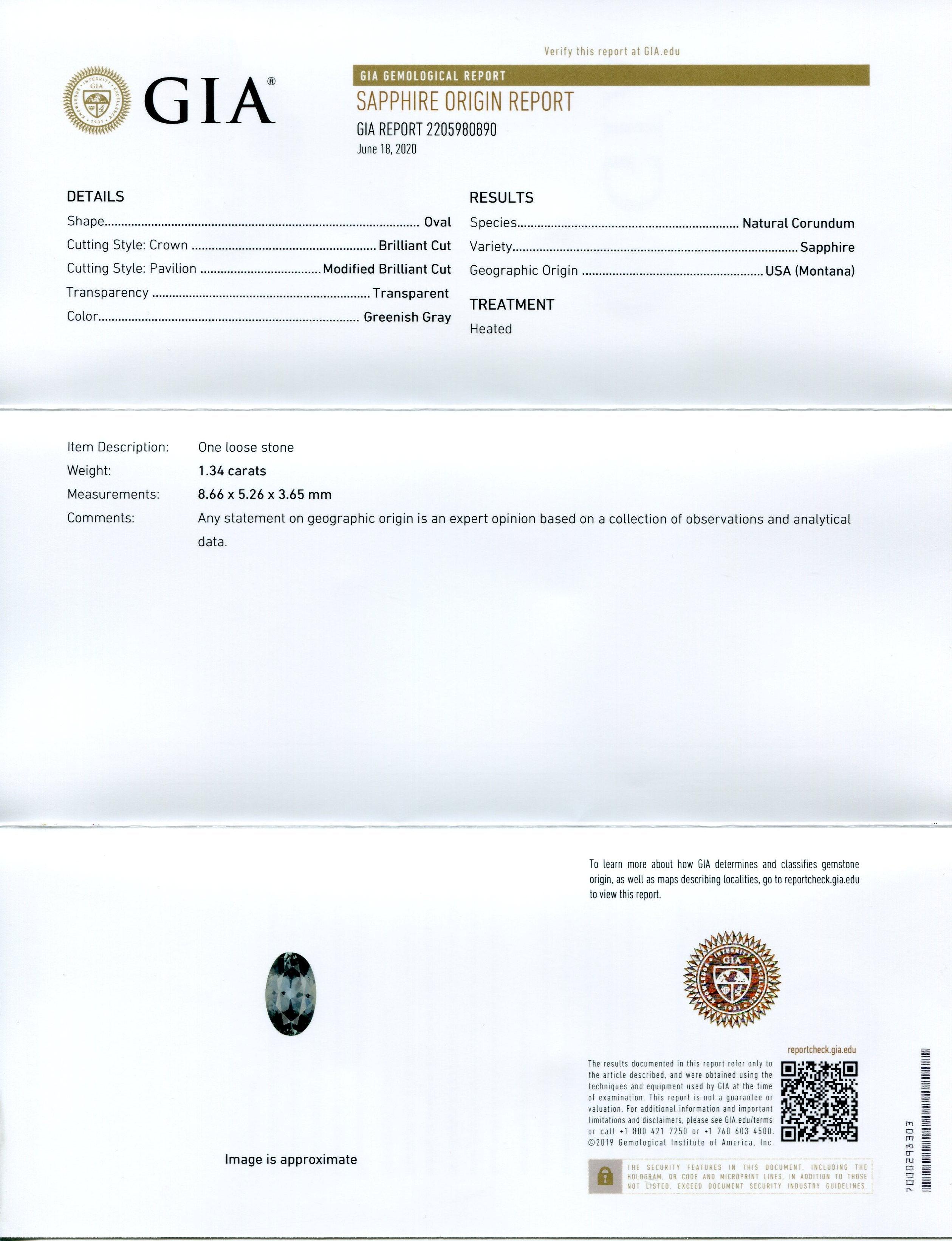 1,34 Karat ovaler grüner grauer Teal Saphir GIA zertifiziert USA (Montana) im Zustand „Neu“ im Angebot in Toronto, Ontario