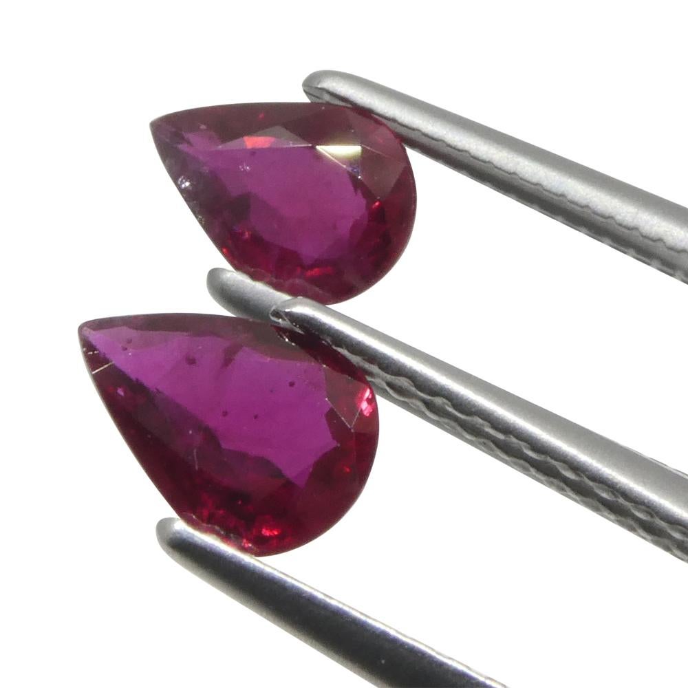 Brilliant Cut 1.34ct Pear Red Ruby from Thailand Pair For Sale