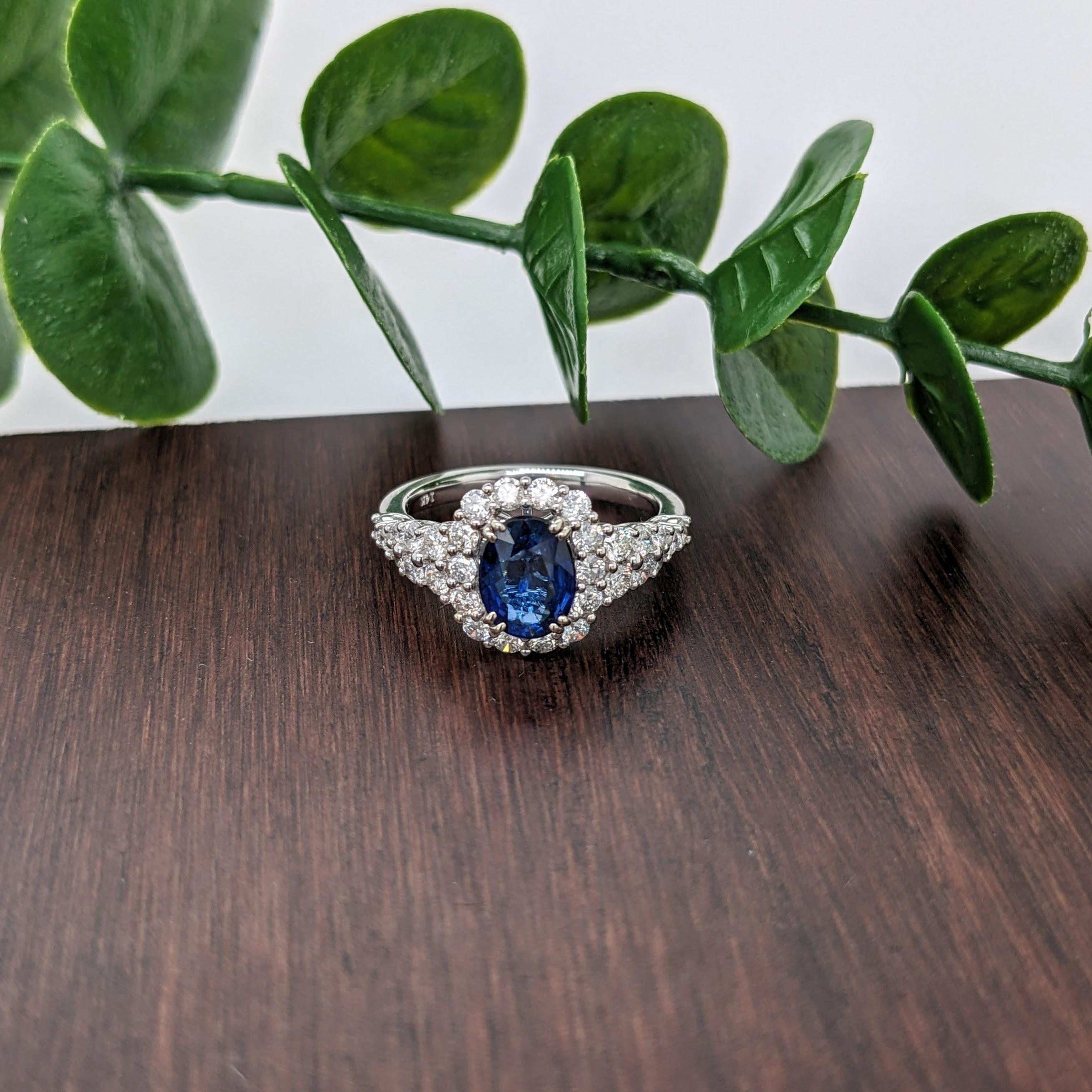 Victorian 1.34ct Sapphire Ring w Natural Diamond Halo in Solid 14k White Gold Oval 7x5mm For Sale