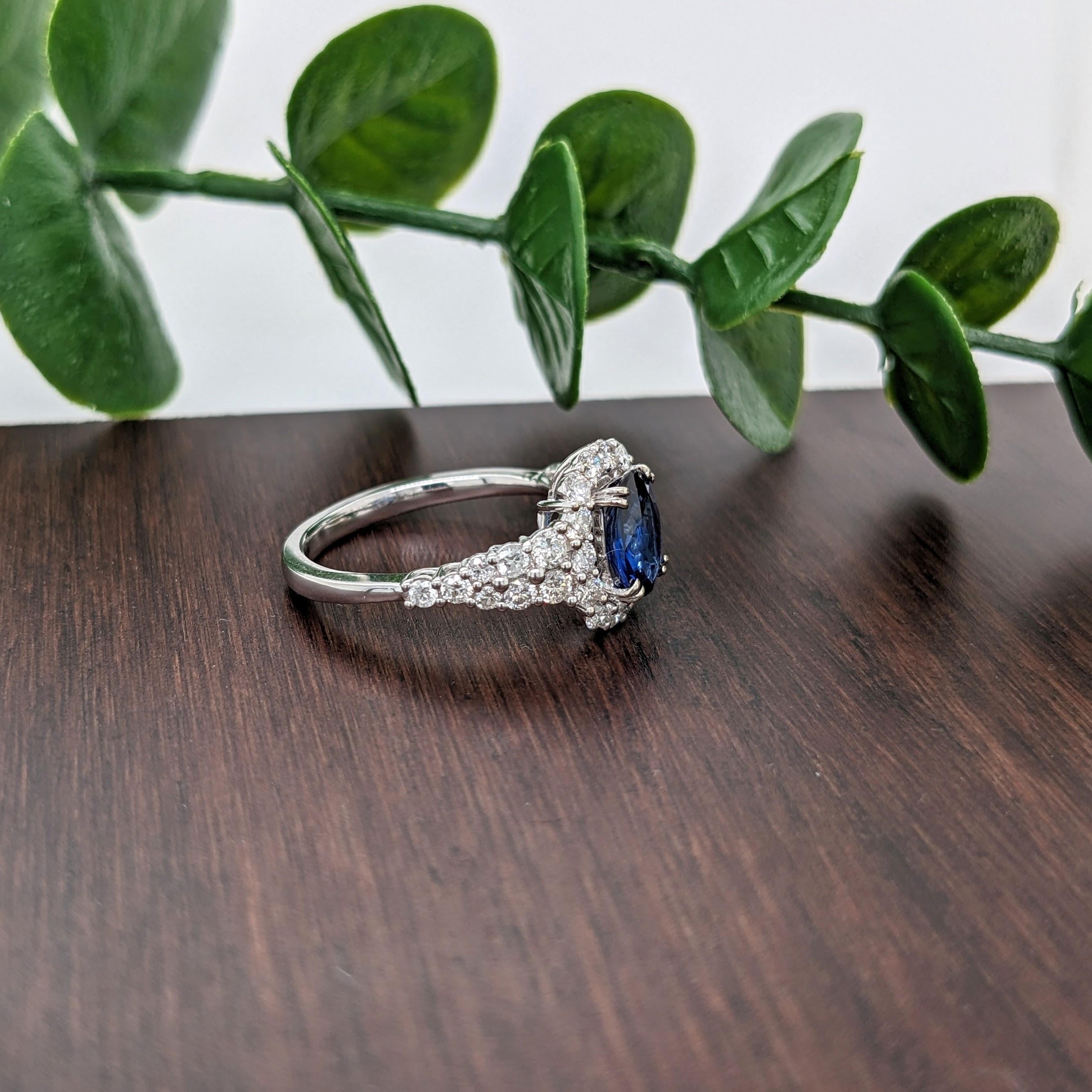 1.34ct Sapphire Ring w Natural Diamond Halo in Solid 14k White Gold Oval 7x5mm In New Condition For Sale In Columbus, OH