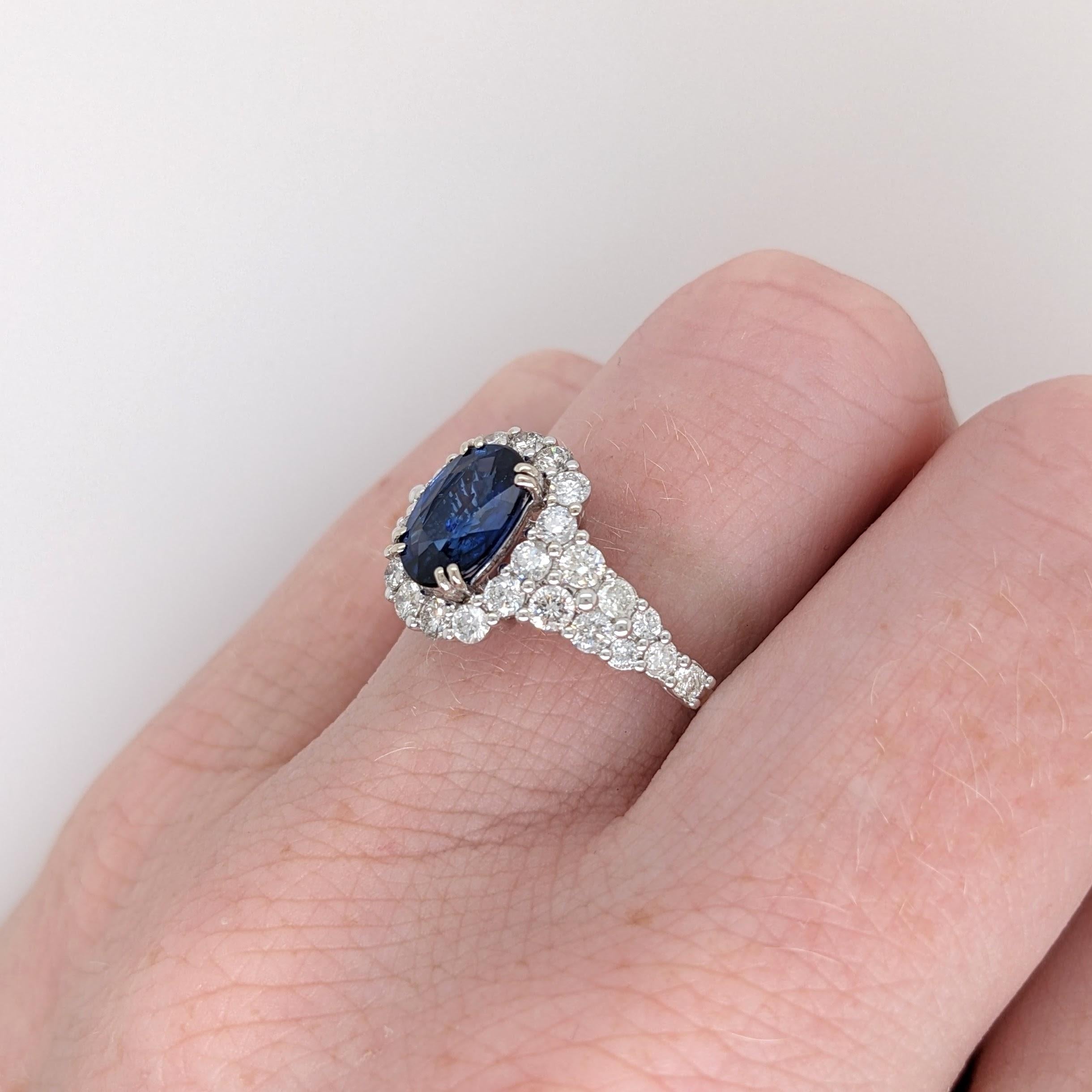 1.34ct Sapphire Ring w Natural Diamond Halo in Solid 14k White Gold Oval 7x5mm For Sale 2