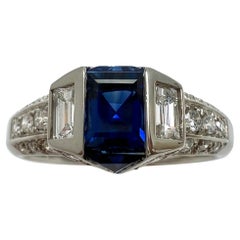 1.34ct Vivid Blue Ceylon Sapphire 
Diamond Platinum Modern Art Deco Ring