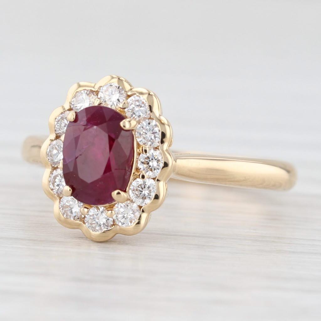 1.34ctw Ruby Diamond Halo Ring 18k Yellow Gold Size 6 Engagement AIGS Bon état - En vente à McLeansville, NC