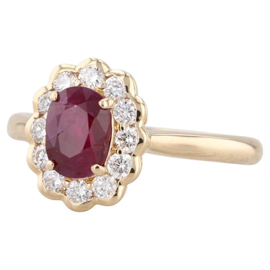 1.34ctw Ruby Diamond Halo Ring 18k Yellow Gold Size 6 Engagement AIGS en vente