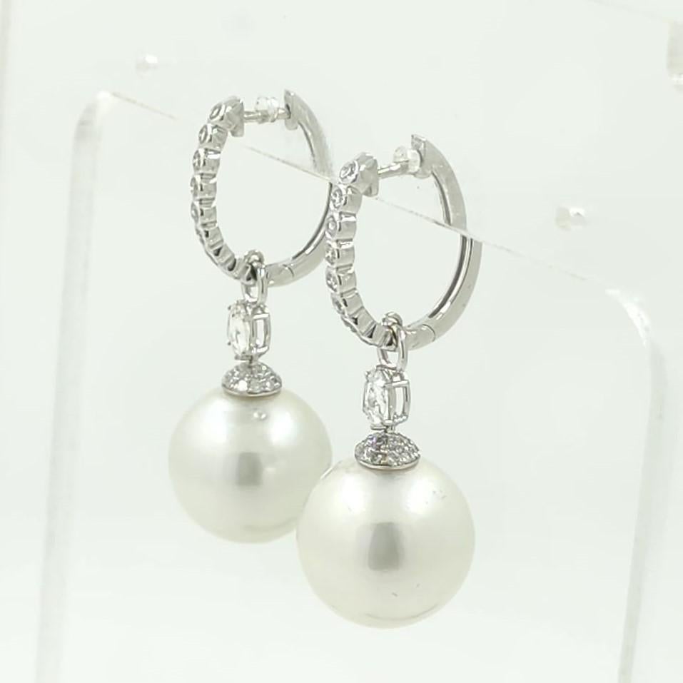 Contemporary 13.4M South Sea Pearl Diamond Dangle Earrings in 14 Karat  White Gold For Sale