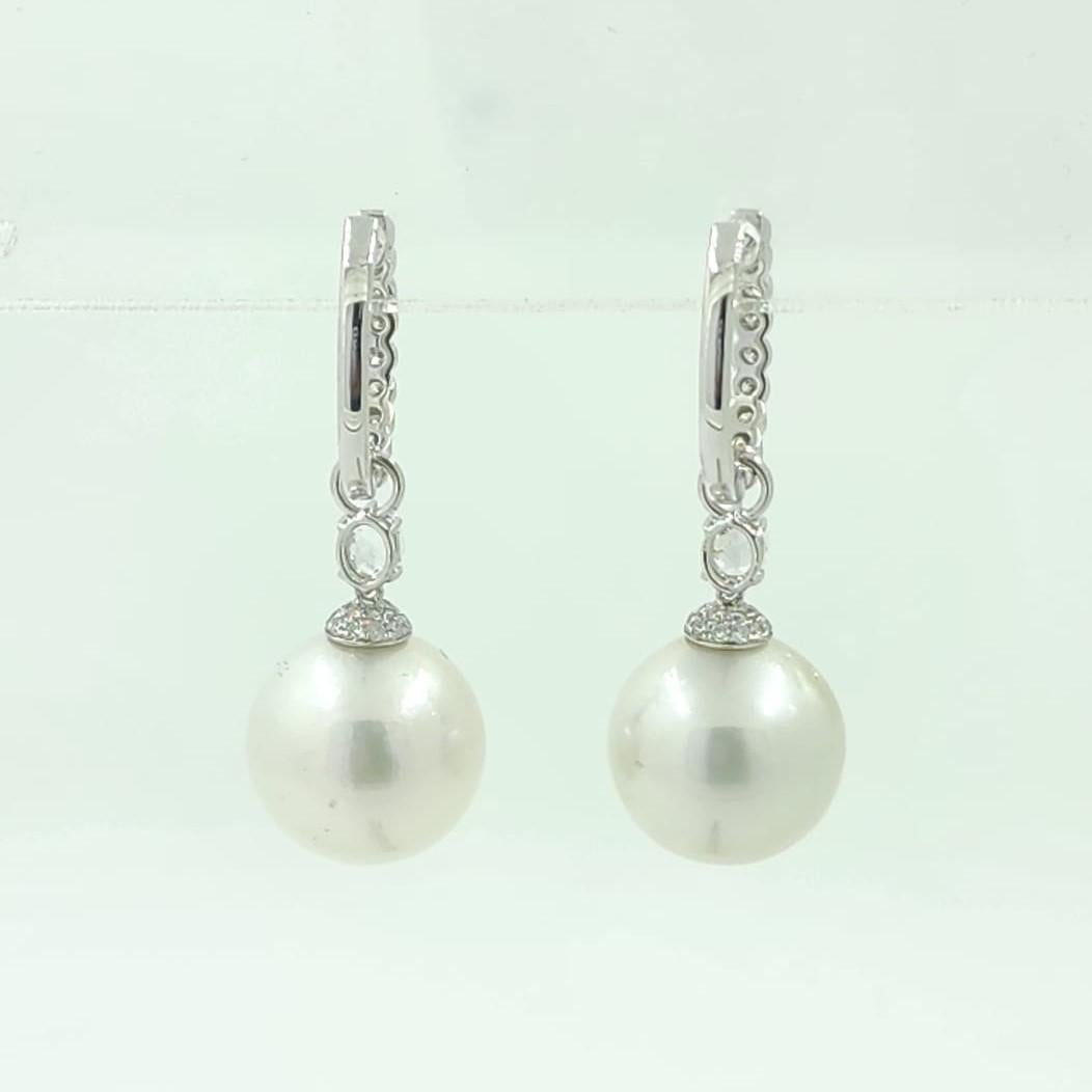 Bead 13.4M South Sea Pearl Diamond Dangle Earrings in 14 Karat  White Gold For Sale