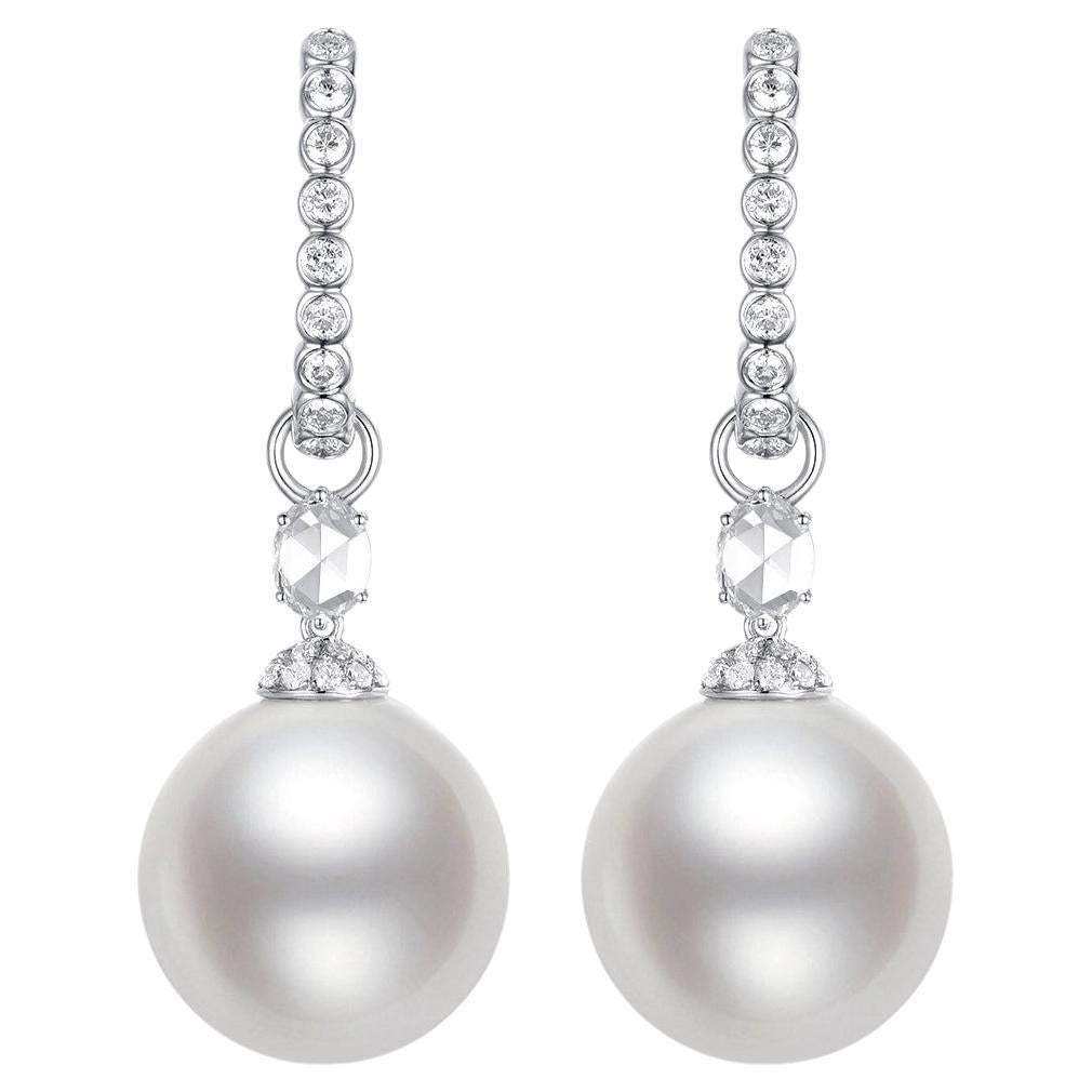 13.4M South Sea Pearl Diamond Dangle Earrings in 14 Karat  White Gold For Sale