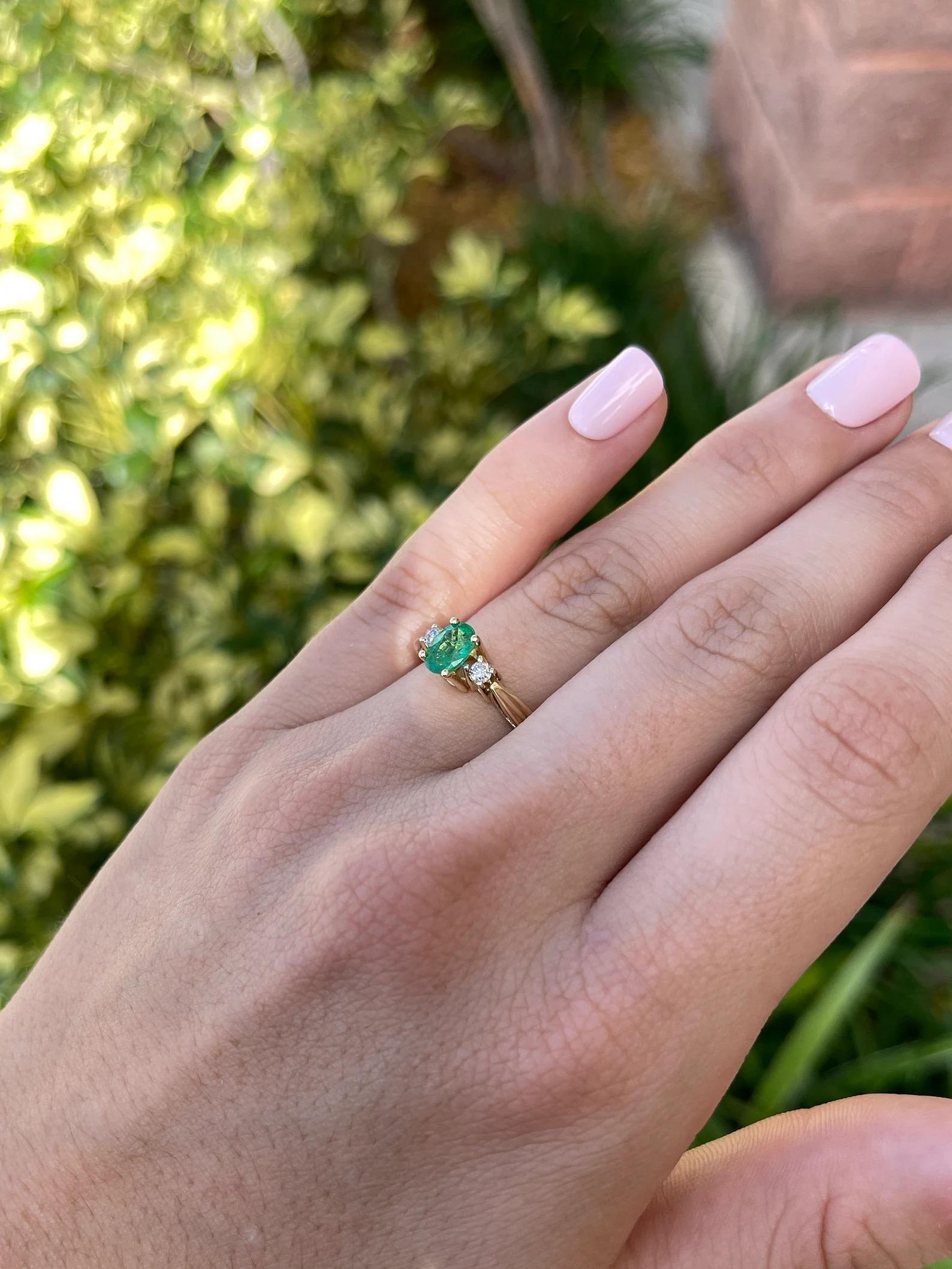 Oval Cut 1.34tcw Natural Vivid Emerald & Diamond Accent Classic Three Stone Ring 14K For Sale