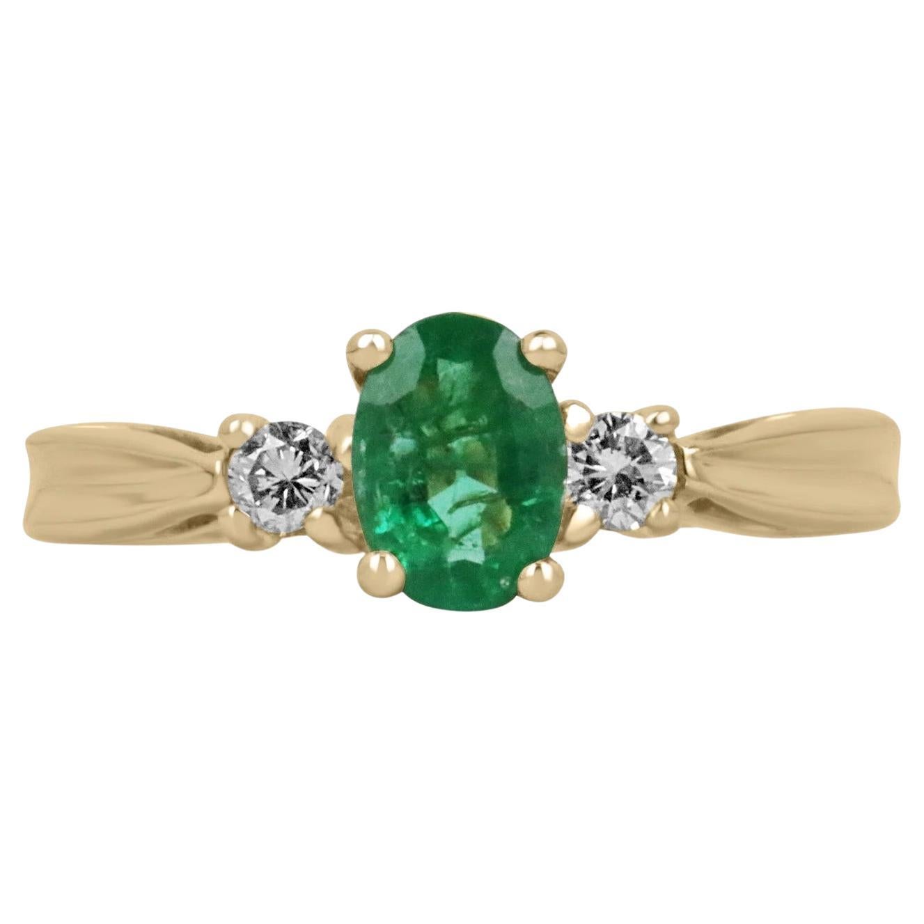 1.34tcw Natural Vivid Emerald & Diamond Accent Classic Three Stone Ring 14K For Sale