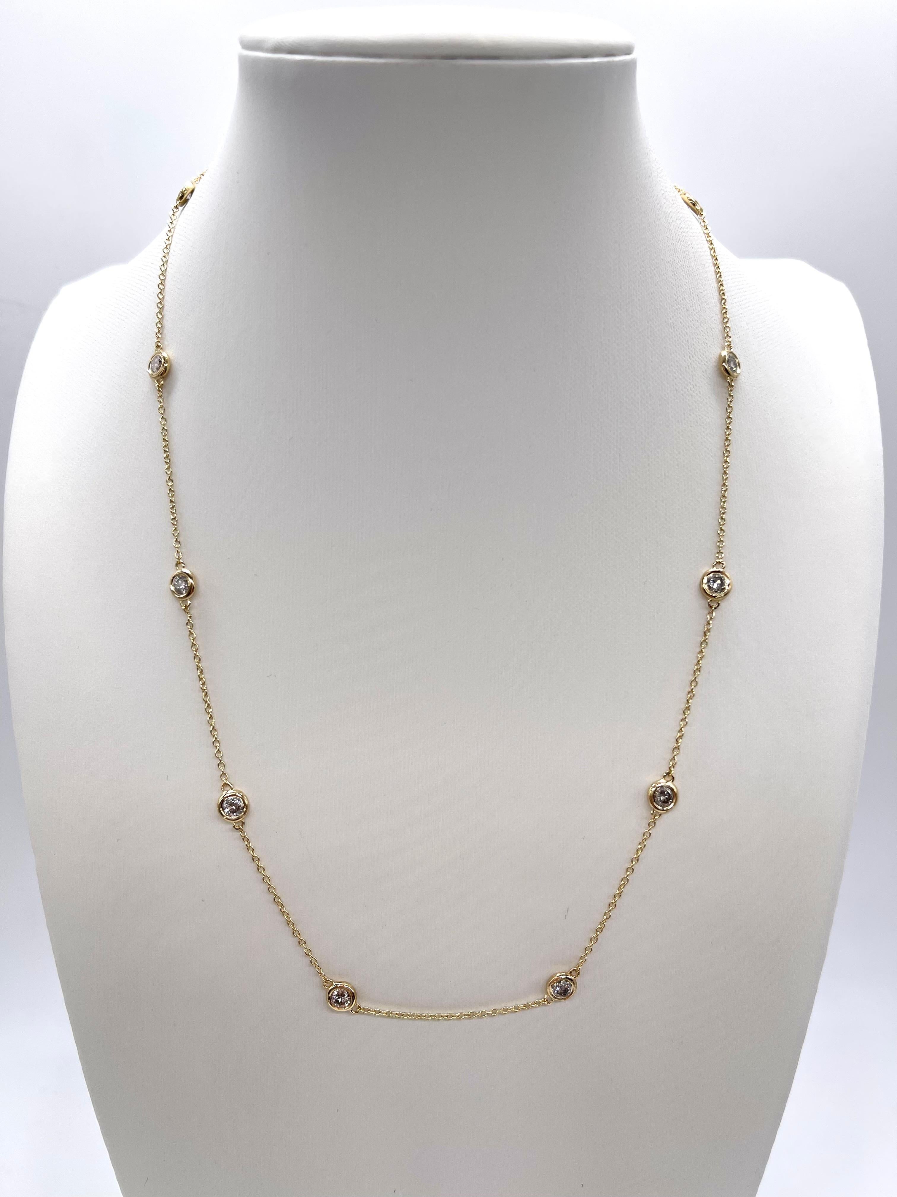 10 Station Diamond by the yard necklace set in Italian made 14K yellow gold. 
Total weight is 1.35 carats. Beautiful shiny stones. 
Length 16 inch 4.21 grams. Average H-I Natural Diamond

*Free shipping within U.S*