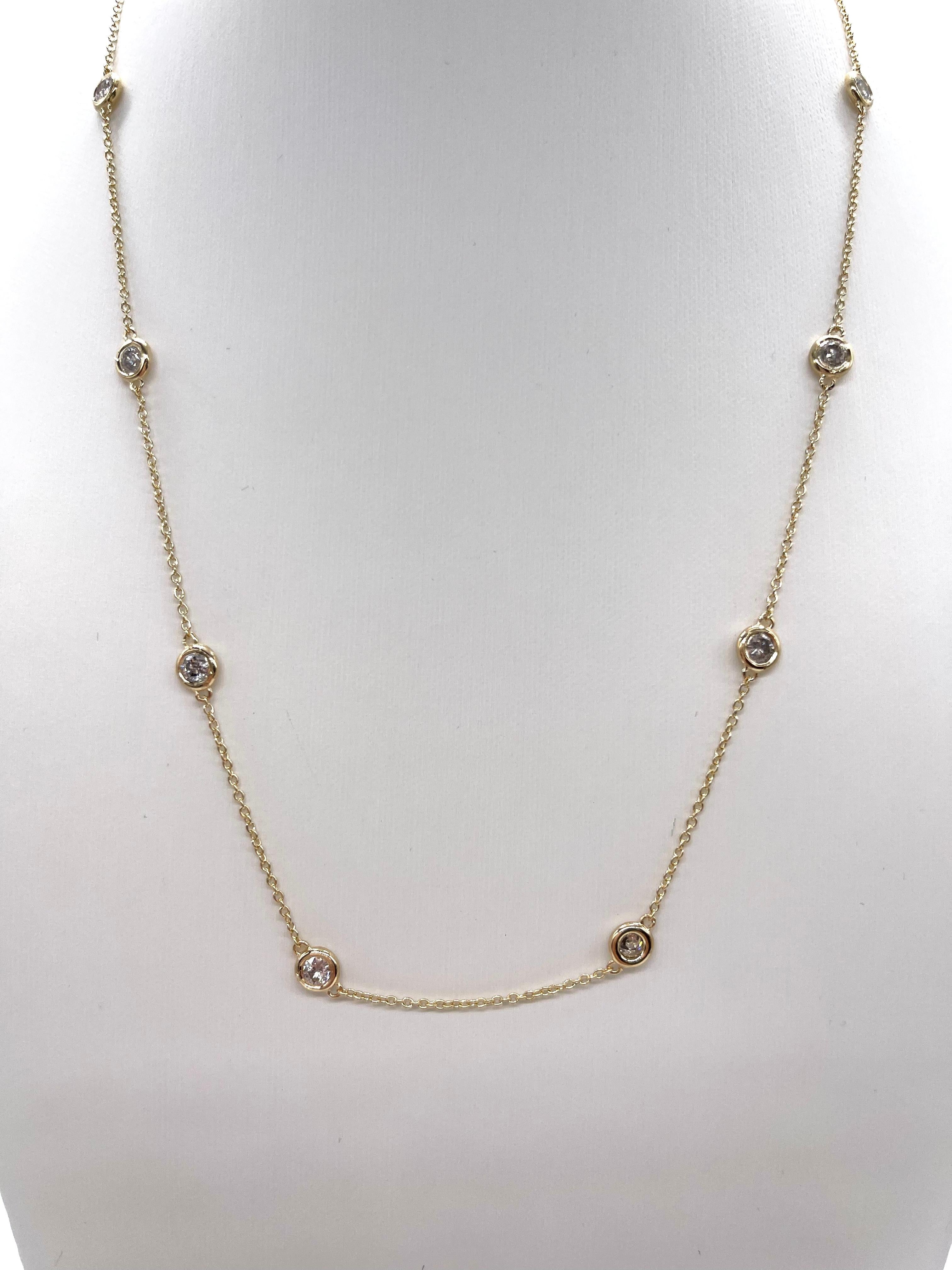 10 Station Diamond by the yard necklace set in Italian made 14K yellow gold. 
Total weight is 1.35 carats. Beautiful shiny stones. 
Length 16 inch 4.21 grams. Average H-I Natural Diamond

*Free shipping within U.S*