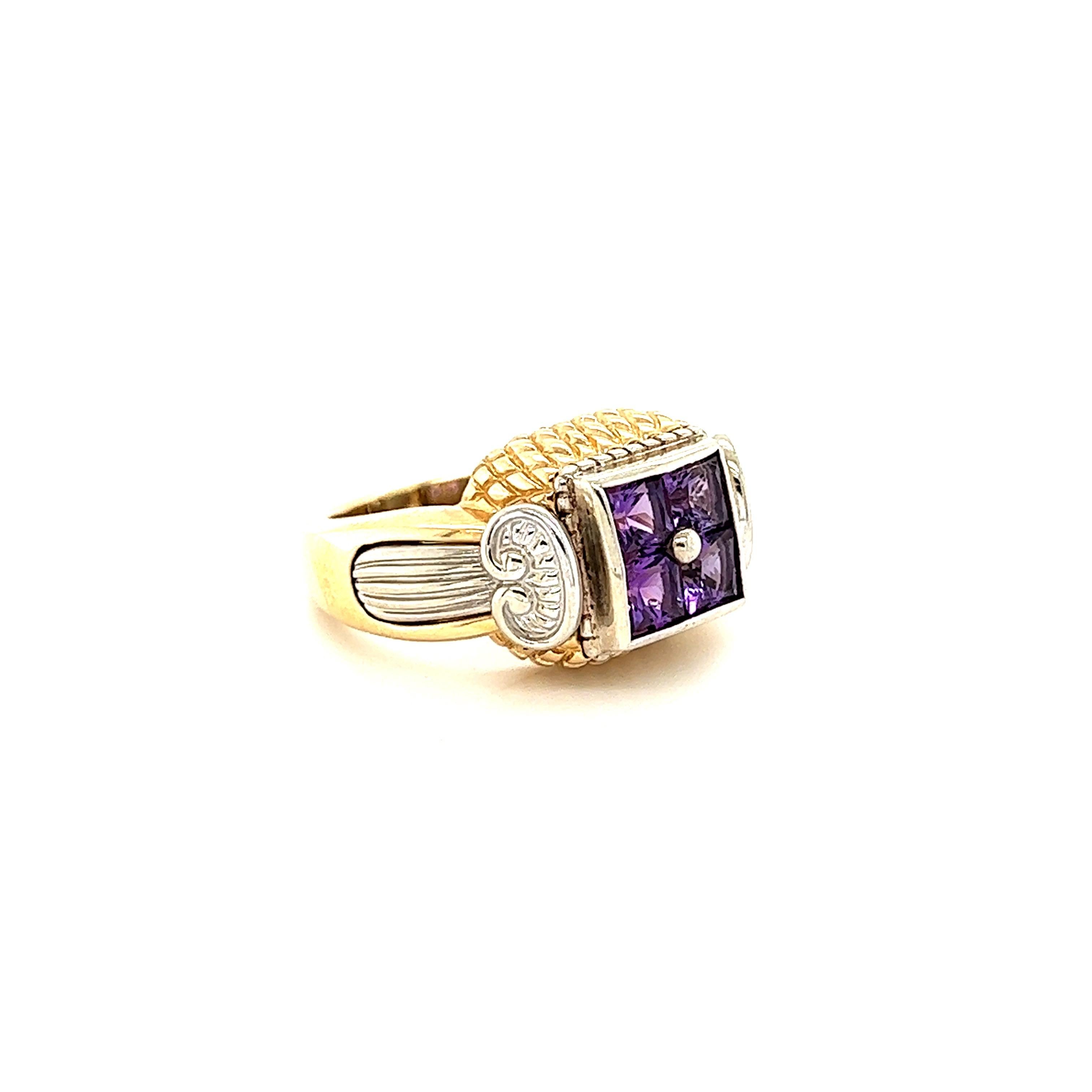 This ring has 4 Square Cut Amethysts that weigh 1.35 Carats. 
The approximate gold gram of this ring is 13.0 grams and has two-toned colors of gold. 

The thickness of the ring is 13 mm. 

The ring is a size 7 and can be re-sized at no additional