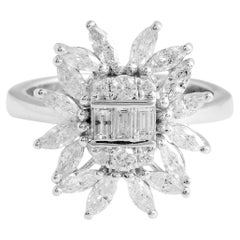 1.35 Carat Baguette & Marquise Diamond Flower Design Ring 18k White Gold Jewelry