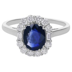 1.35 Carat Blue Sapphire 0.43 Carat SI/H Diamond Ring 18 Karat White Gold Jewelr
