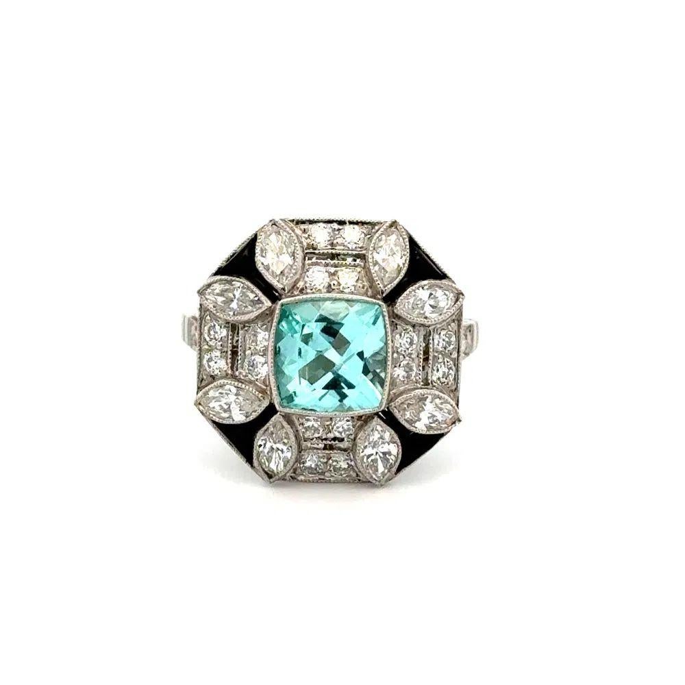 Taglio cuscino Anello con tormalina Paraiba a cuscino da 1,35 carati GIA, onice e diamante in platino in vendita