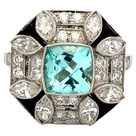 1.35 Carat Cushion Paraiba Tourmaline GIA, Onyx Diamond Platinum Statement Ring