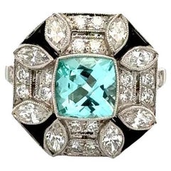 1.35 Carat Cushion Paraiba Tourmaline GIA, Onyx Diamond Platinum Statement Ring