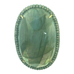 1.35 Carat Diamond, 68.10 Carat Labradorite, Sterling Silver 14 Karat Ring