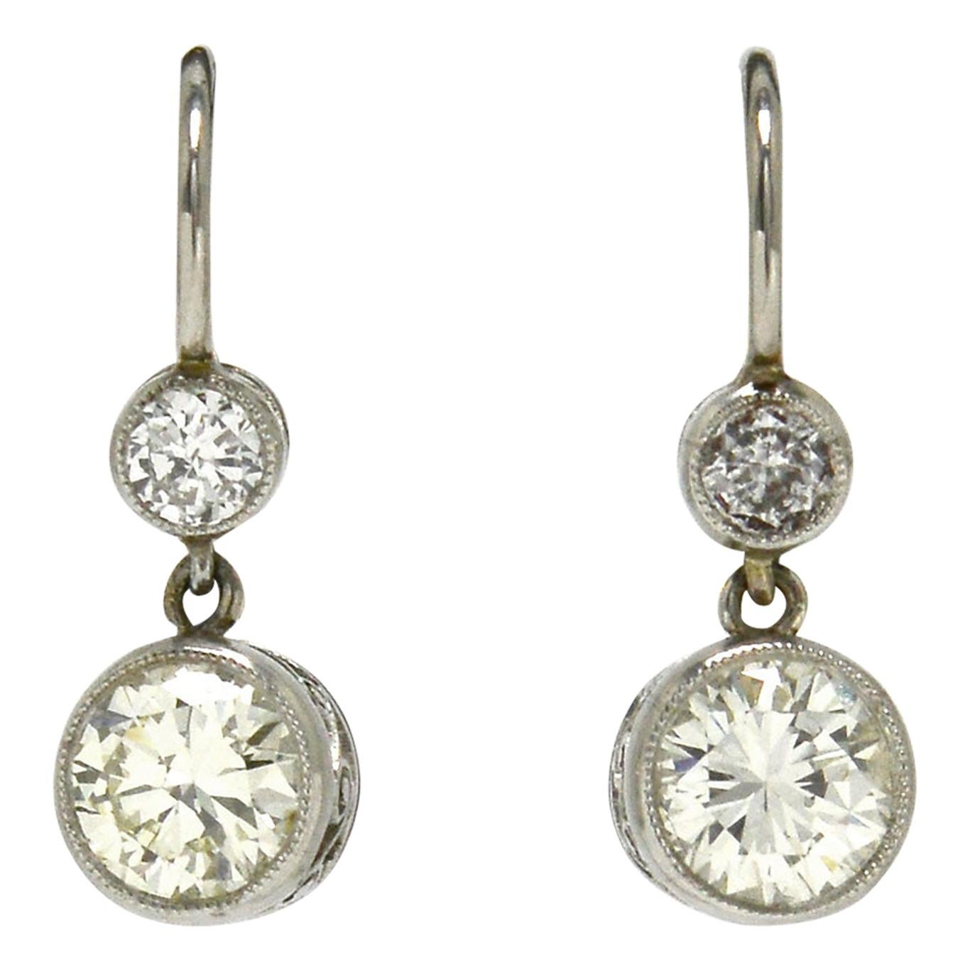 1.35 Carat Diamond Drop Earrings Victorian Style Platinum 2-Stone Lever Back