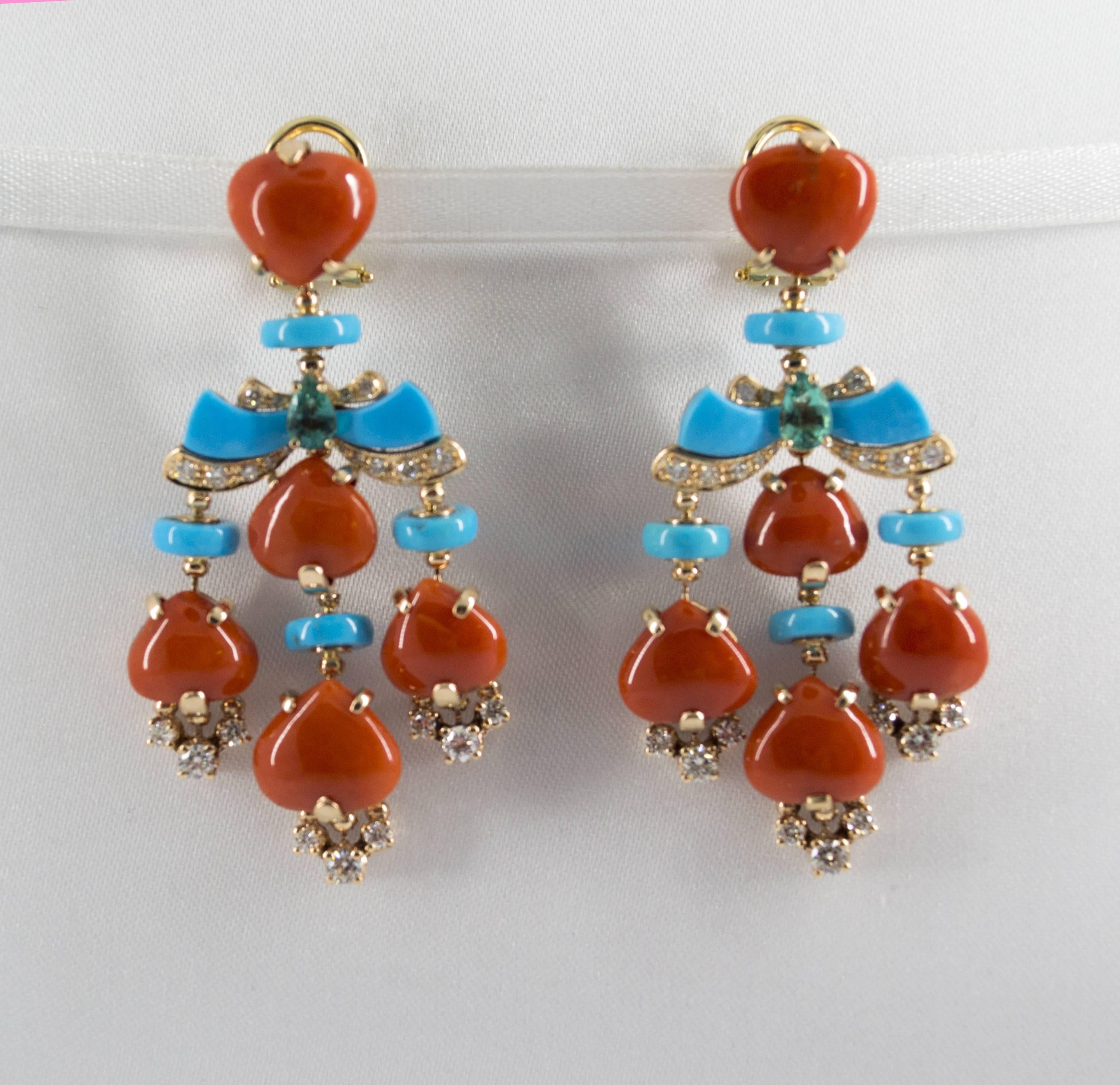1.85 Carat White Diamond Emerald Red Coral Turquoise Yellow Gold Drop Earrings 5