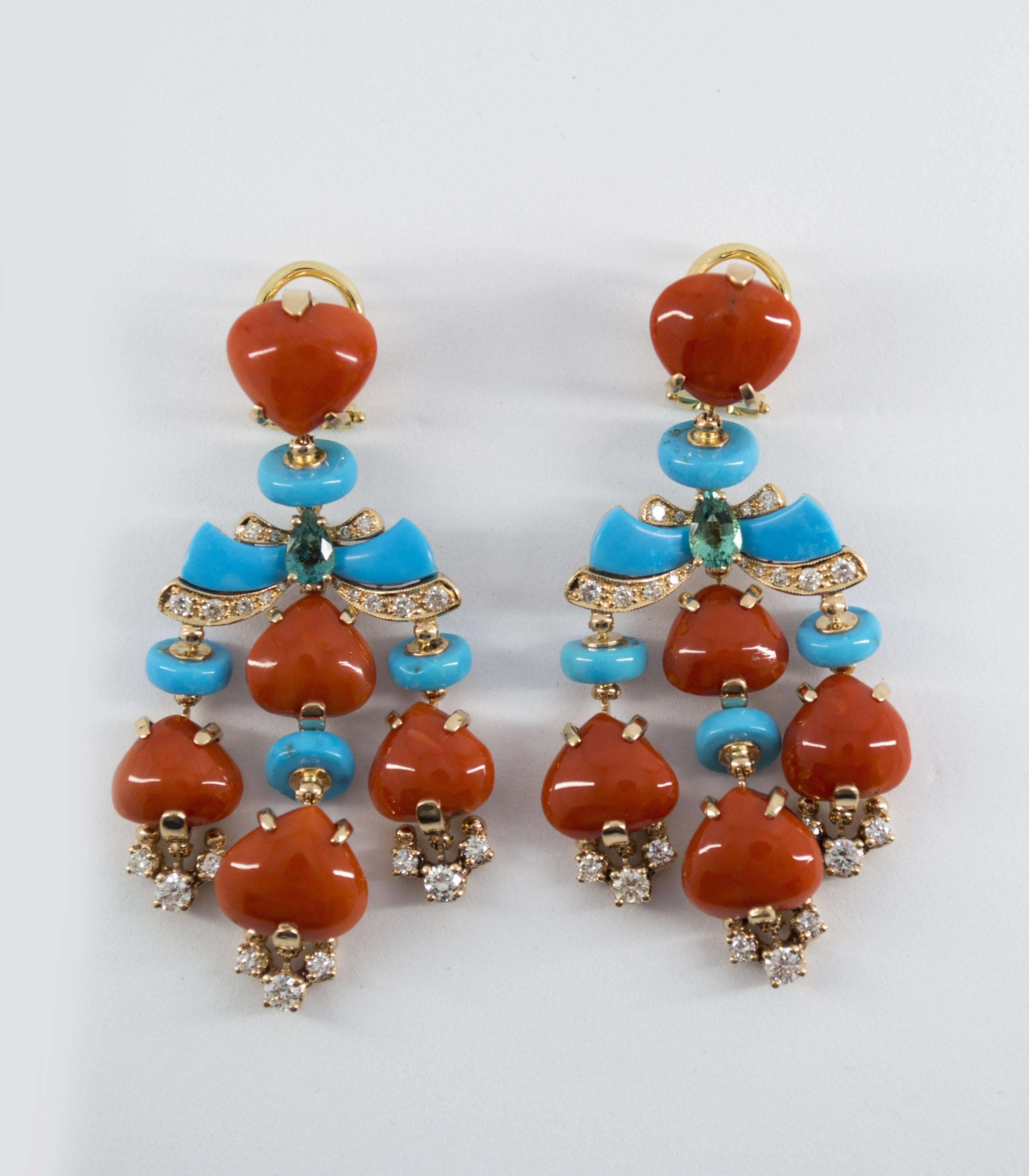 Renaissance 1.85 Carat White Diamond Emerald Red Coral Turquoise Yellow Gold Drop Earrings