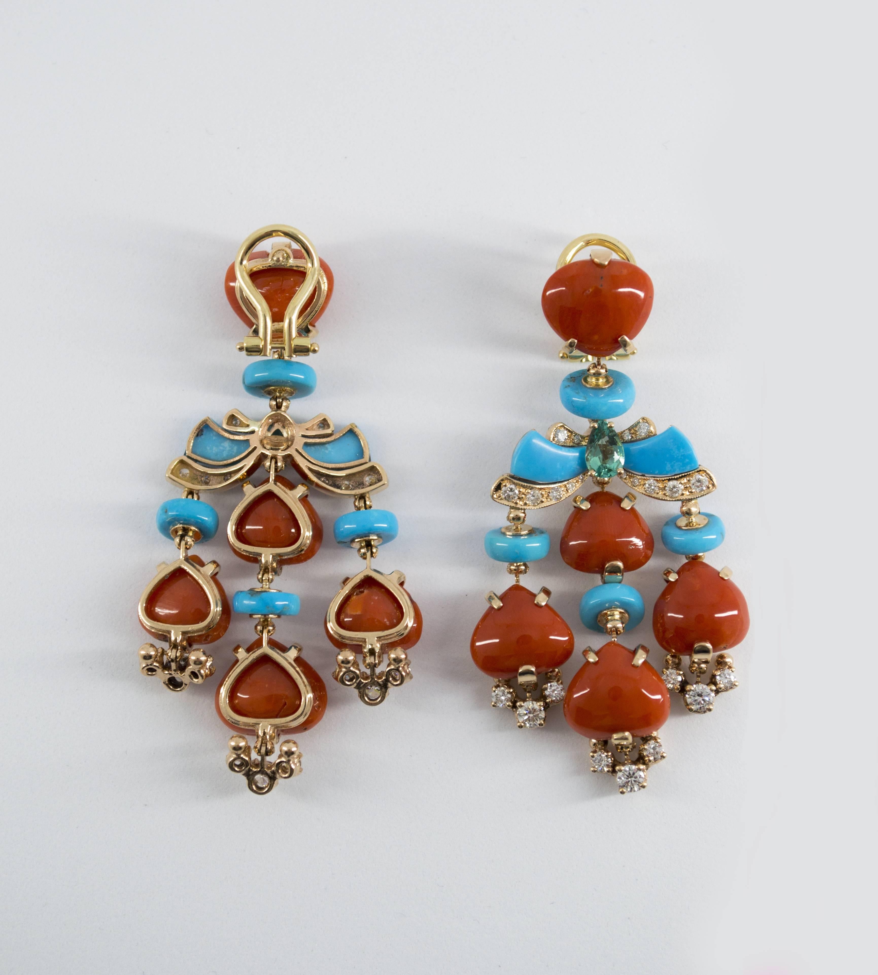 1.85 Carat White Diamond Emerald Red Coral Turquoise Yellow Gold Drop Earrings In New Condition In Naples, IT