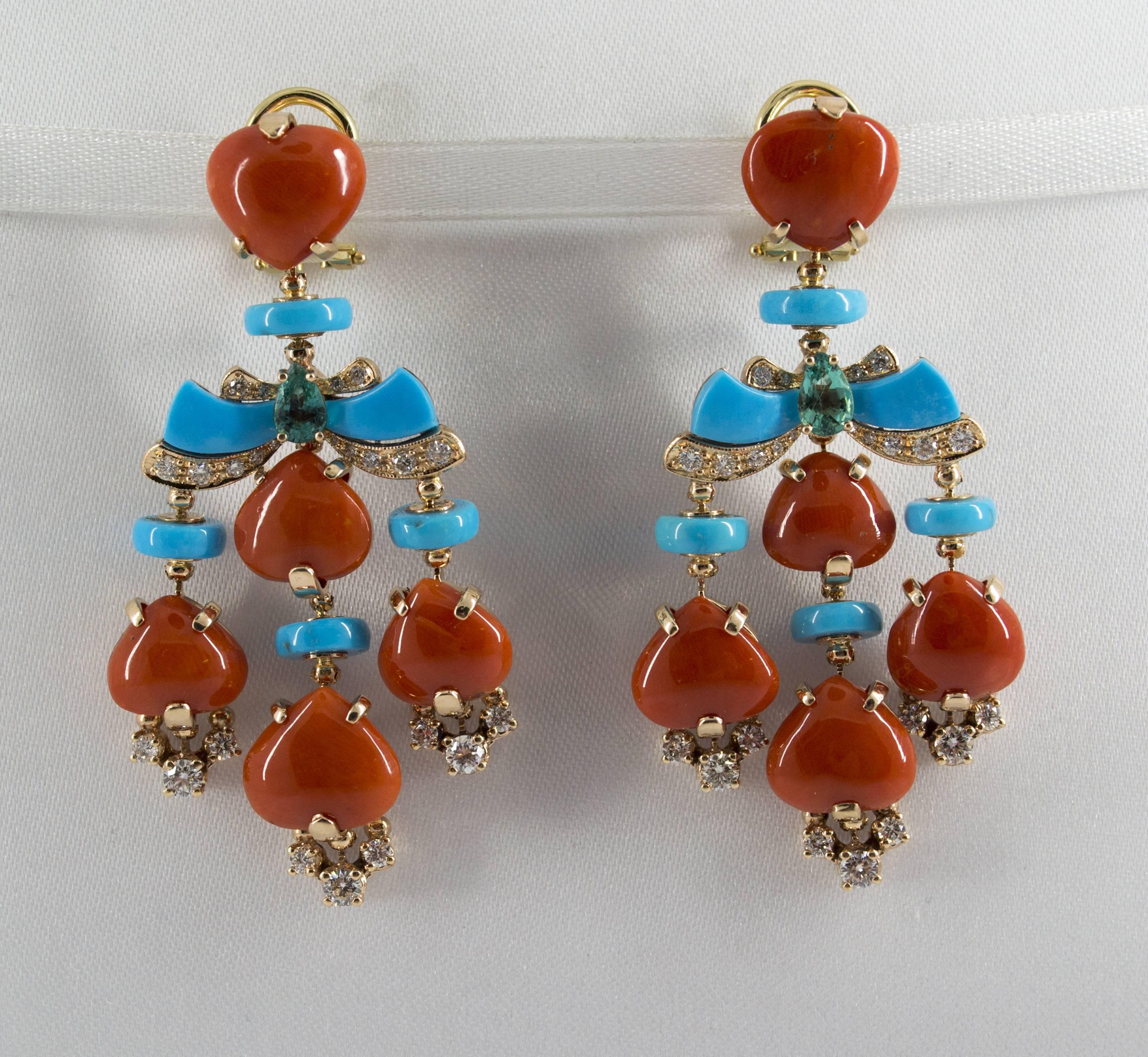 1.85 Carat White Diamond Emerald Red Coral Turquoise Yellow Gold Drop Earrings 4