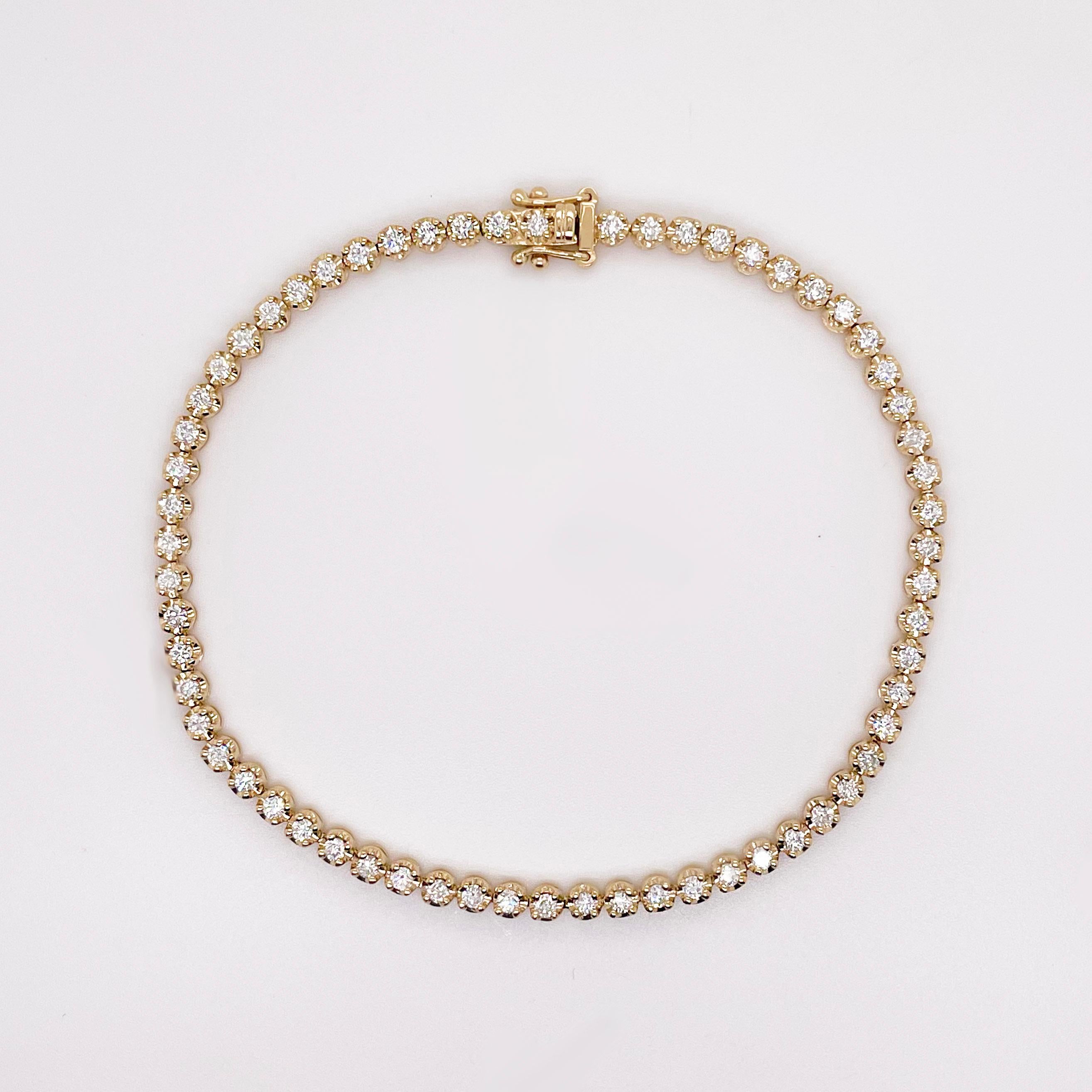 A tennis bracelet is a timeless piece of jewelry that will last you forever. This is a unique take on the classic tennis bracelet style with each of the 62 diamonds in a round, beaded 4-prong gold setting! The beaded texture reflects light and