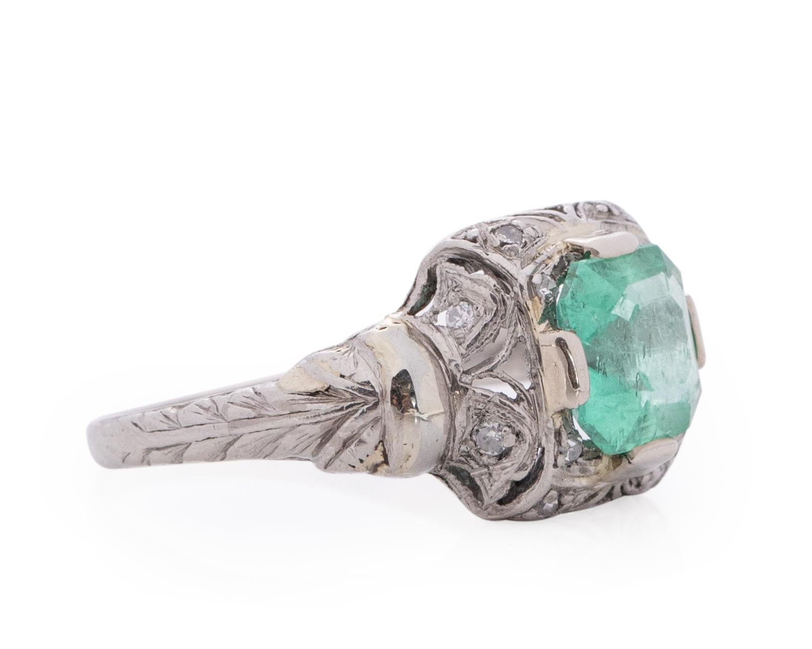 Item Details: 
Ring Size: 7.5
Metal Type: Platinum [Hallmarked, and Tested]
Weight: 3.5 grams

Center Stone Details:
Type: Emerald, Natural, Colombian
Weight: 1.35ct
Cut: Emerald Cut
Color: Green
Comments: Oiled

Side Stone Details:
Weight: