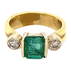1.35 Carat Emerald Cut Emerald with Diamond Ring Yellow Gold