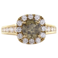 1.35 Carat Fancy Dark Greenish Yellow Brown Diamond Cocktail Ring In 18 K Gold