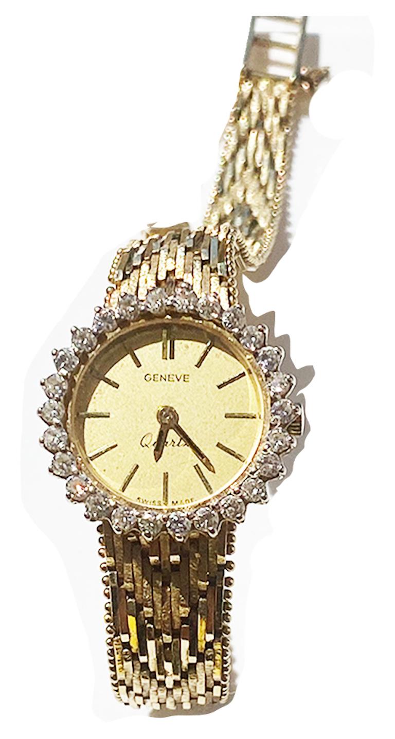 Round Cut 1.35 Carat Geneva Quartz Diamond Ladies Watch 14 Karat Yellow Gold