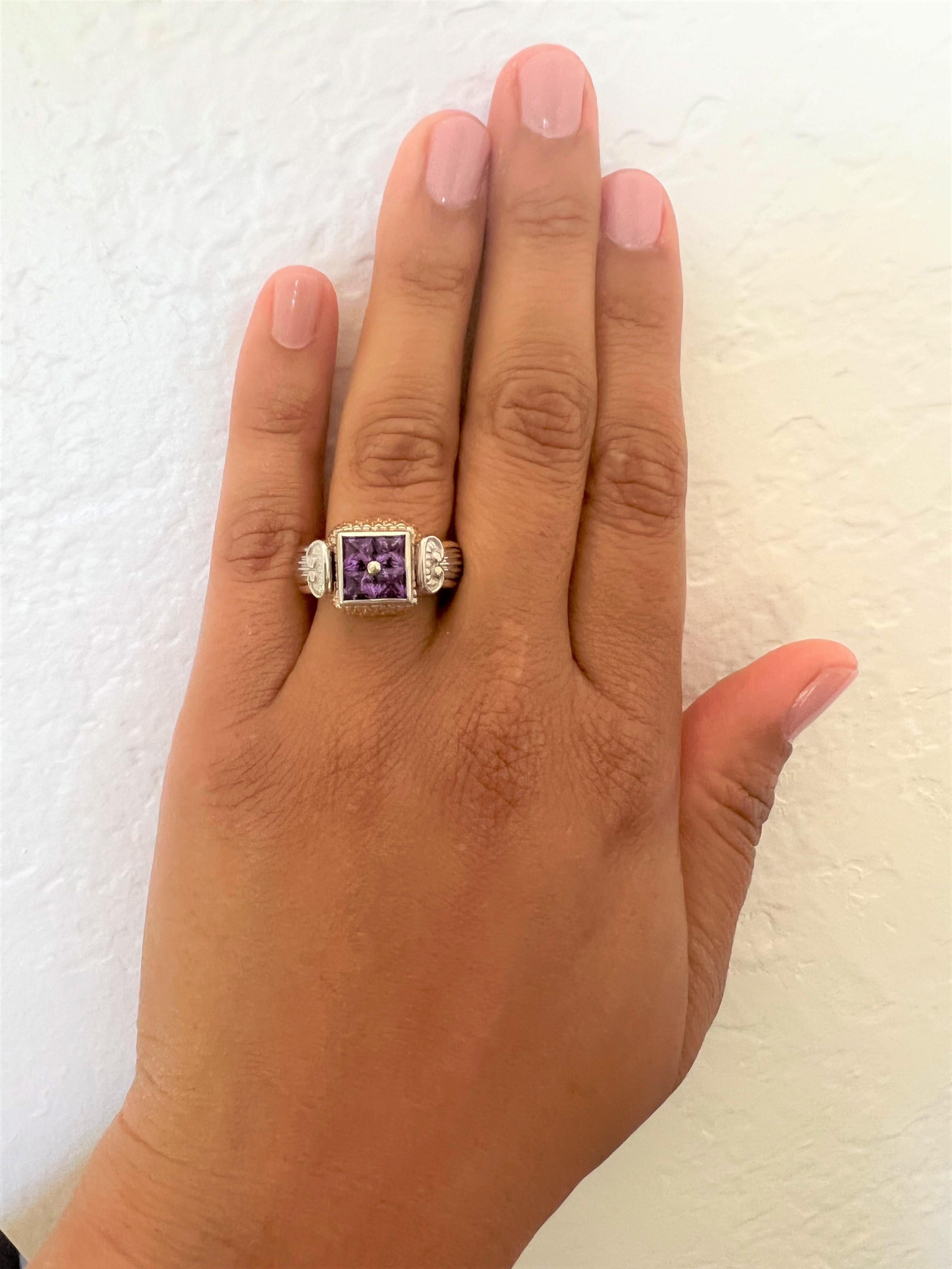 Taille carrée Bague en or jaune blanc 14 carats avec améthyste naturelle de 1,35 carat en vente