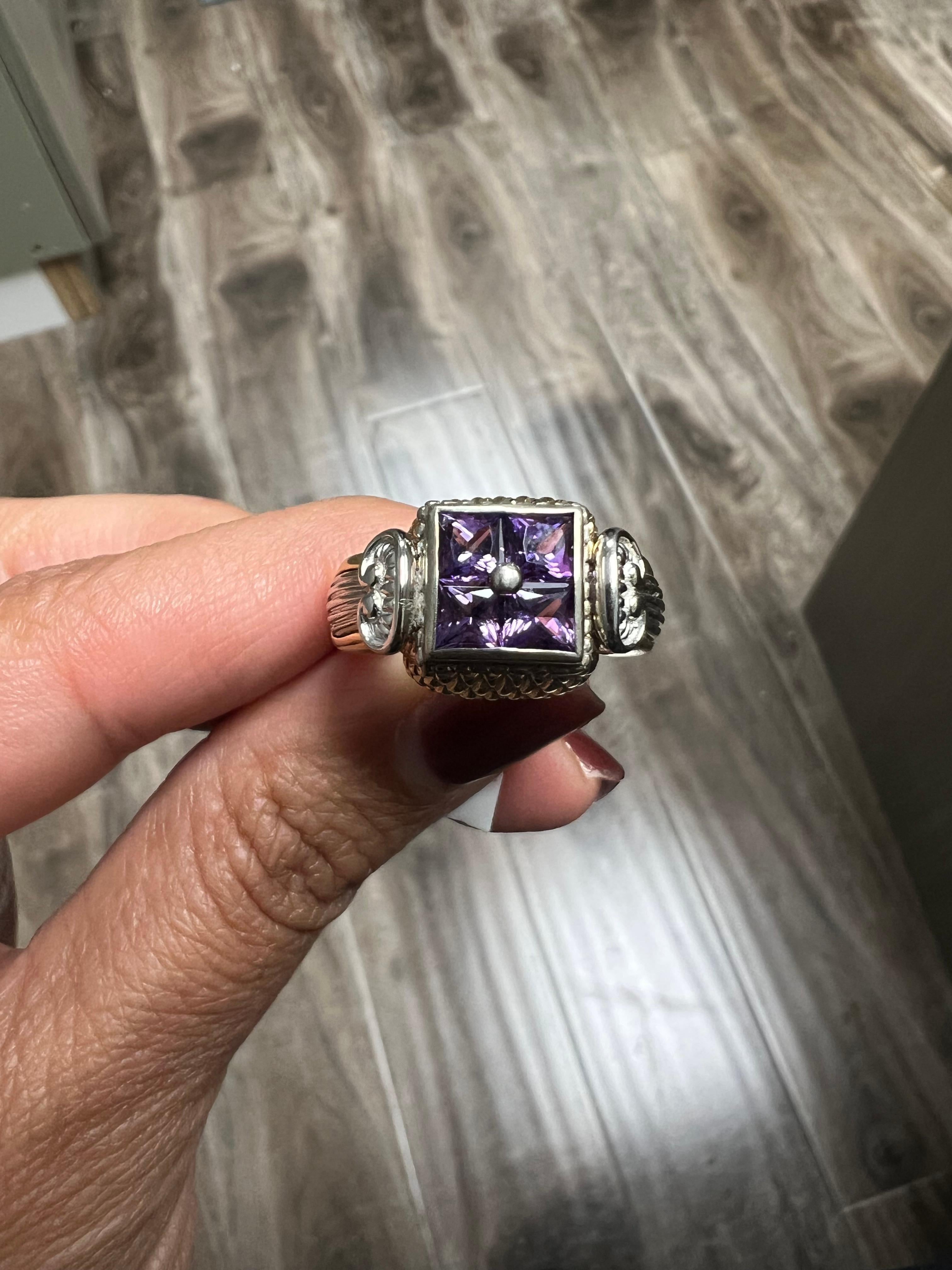 Bague en or jaune blanc 14 carats avec améthyste naturelle de 1,35 carat en vente 1