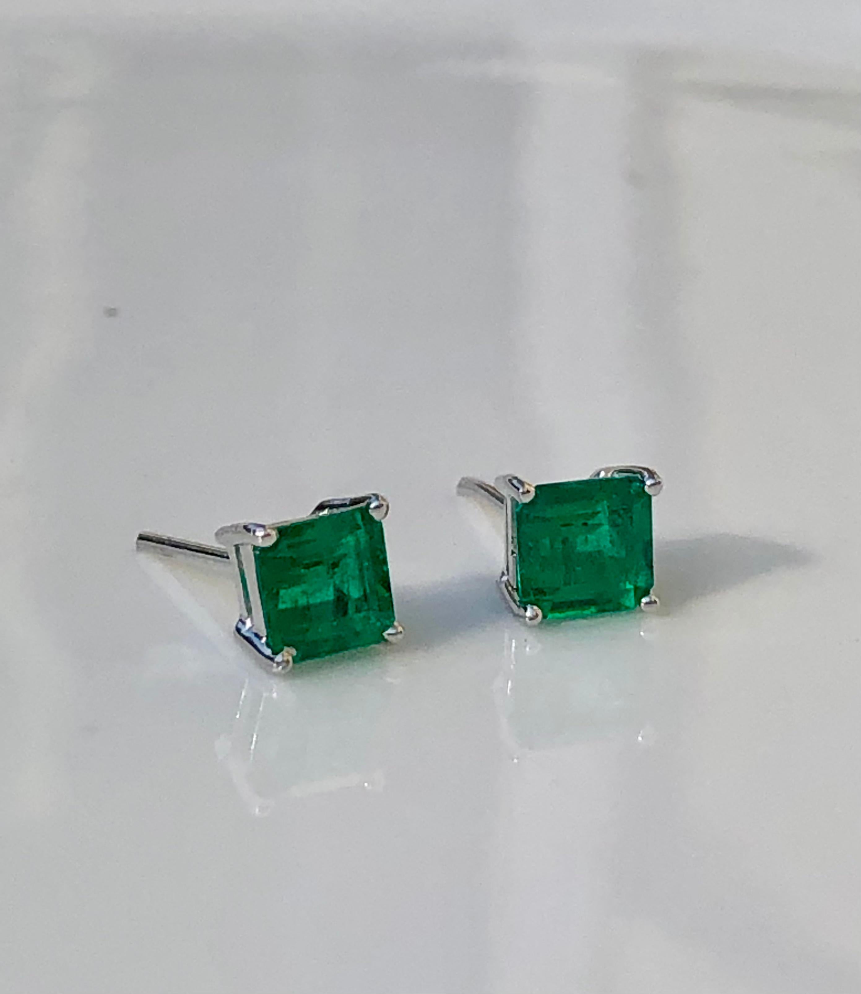 Emerald Cut 1.35 Carat Natural AAA+ Colombian Emerald Stud Earrings 18 Karat White Gold