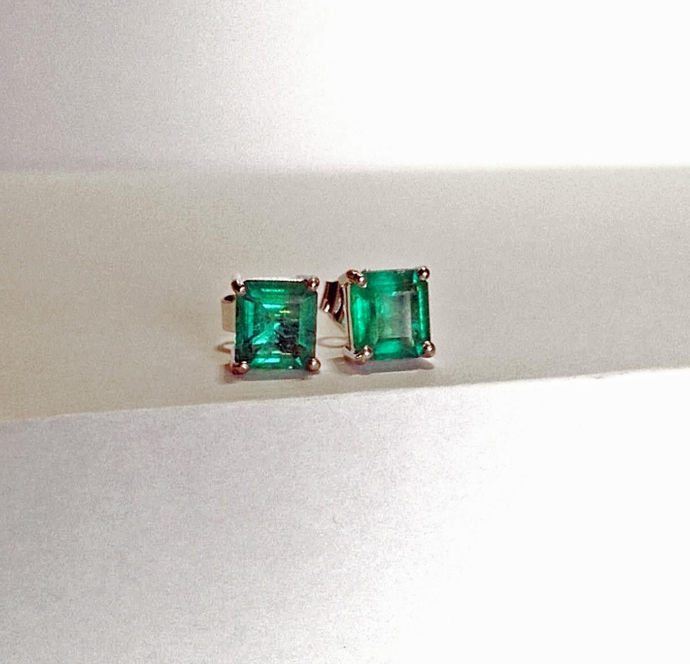 Primary Stones: 100% Natural Colombian Emeralds
Color/Clarity : AAA+ EXTRA FINE Medium Green Color/ Clarity, VS
Total Gemstones Weight:  1.35 carats
Shape or Cut : Emerald Cut
Earrings Measurement: 5.15mm x 4.95mm
Comments: Gorgeous Color &