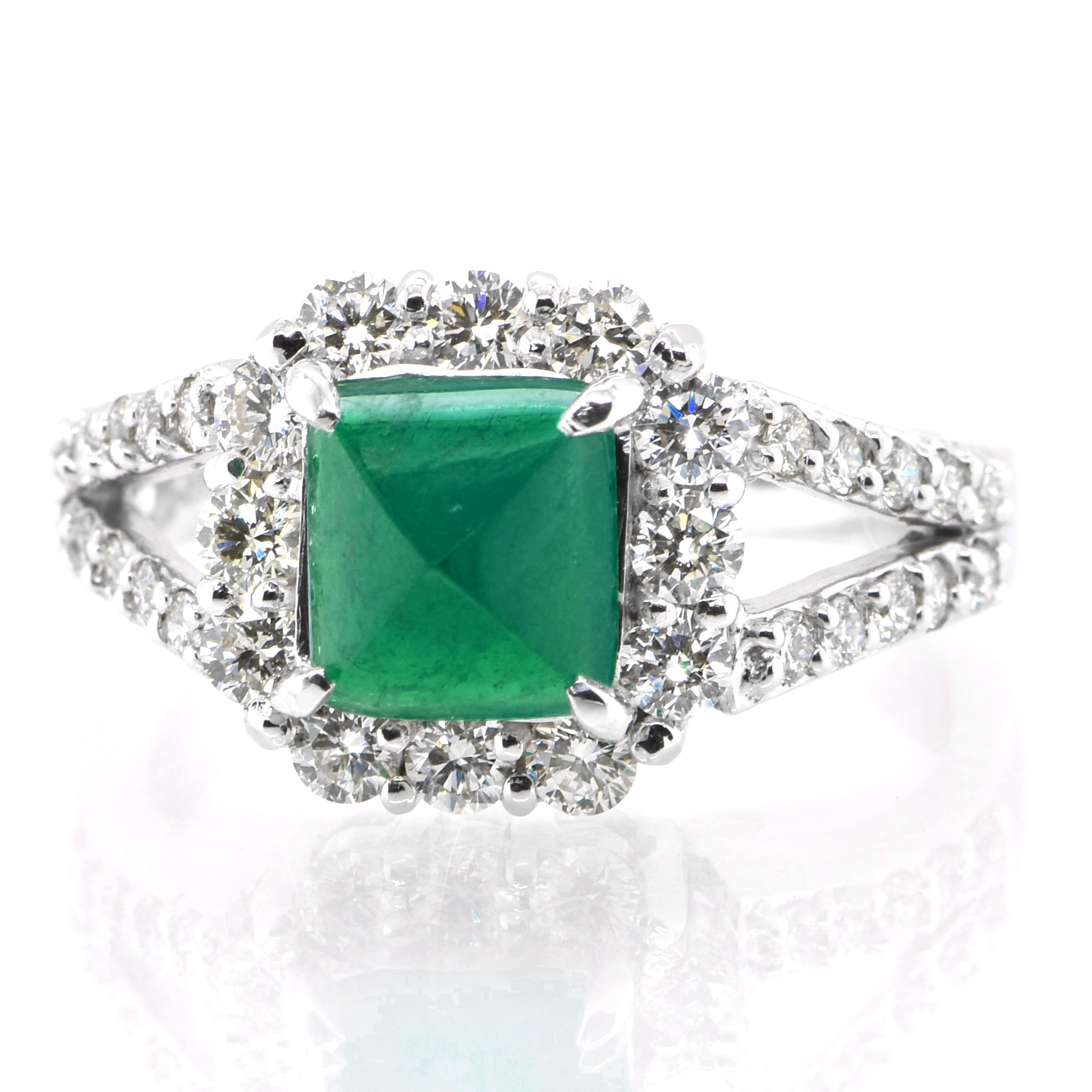 Modern 1.35 Carat Natural Emerald Sugarloaf Cabochon and Diamond Ring Set in Platinum For Sale