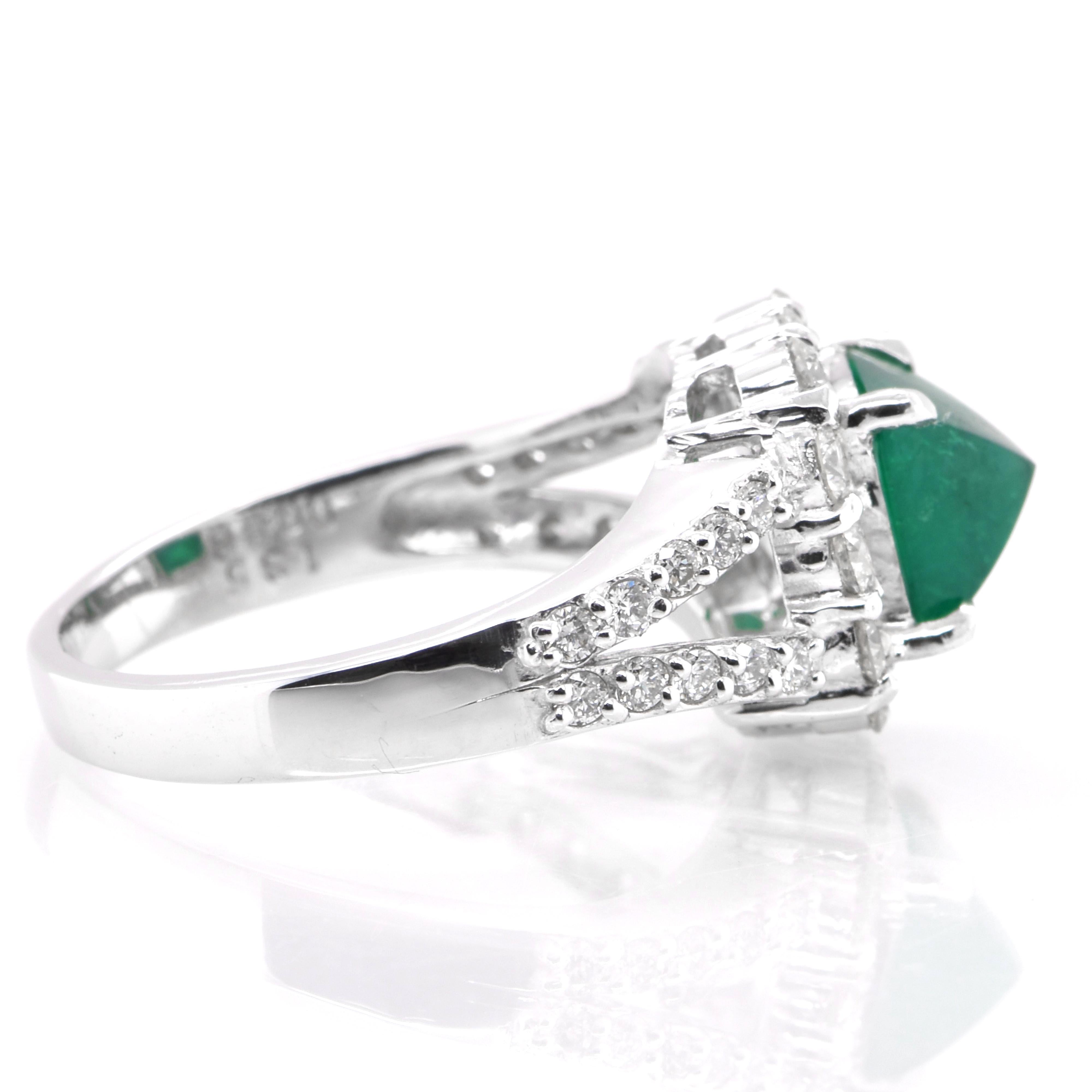 Women's 1.35 Carat Natural Emerald Sugarloaf Cabochon and Diamond Ring Set in Platinum For Sale