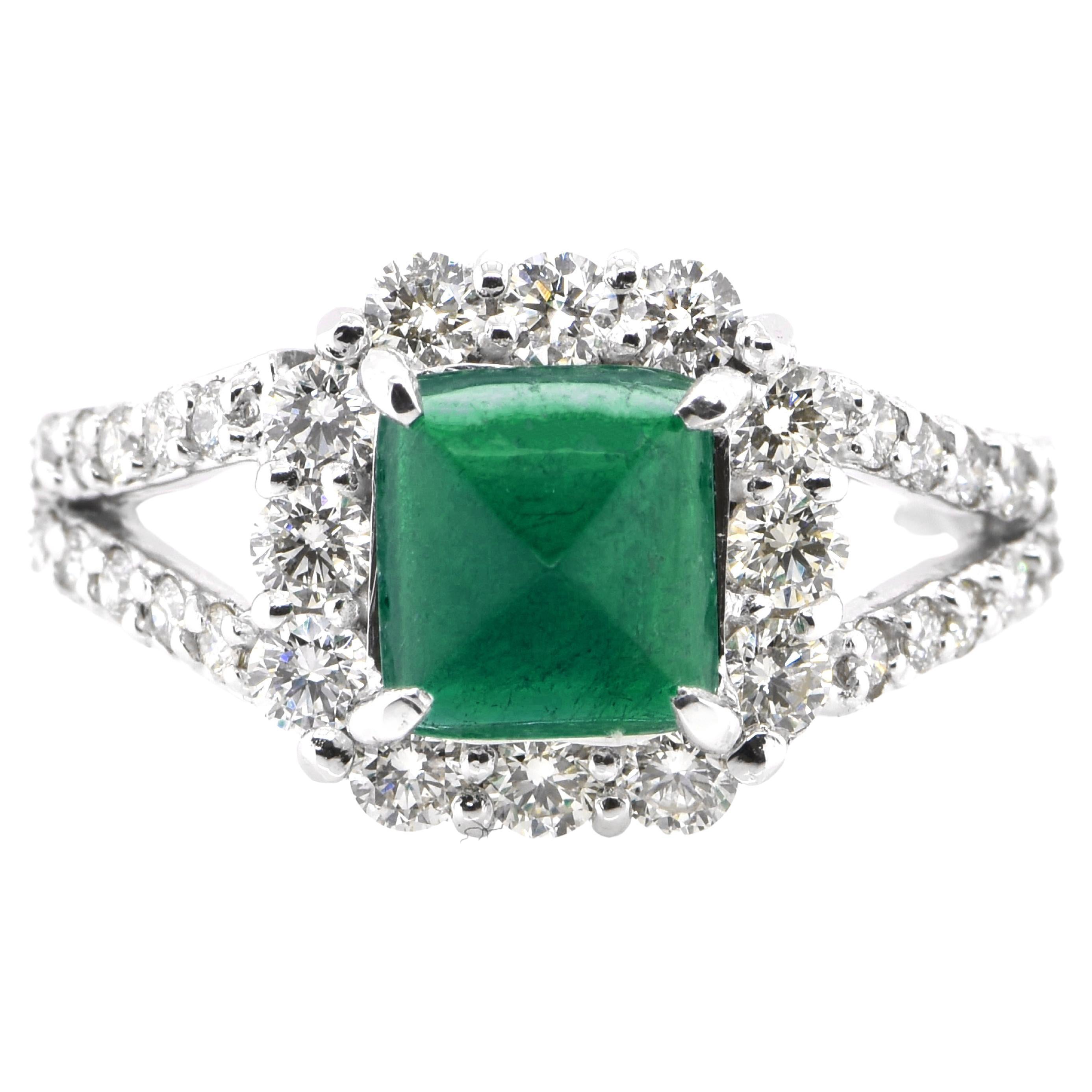 1.35 Carat Natural Emerald Sugarloaf Cabochon and Diamond Ring Set in Platinum For Sale