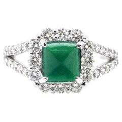 1.35 Carat Natural Emerald Sugarloaf Cabochon and Diamond Ring Set in Platinum