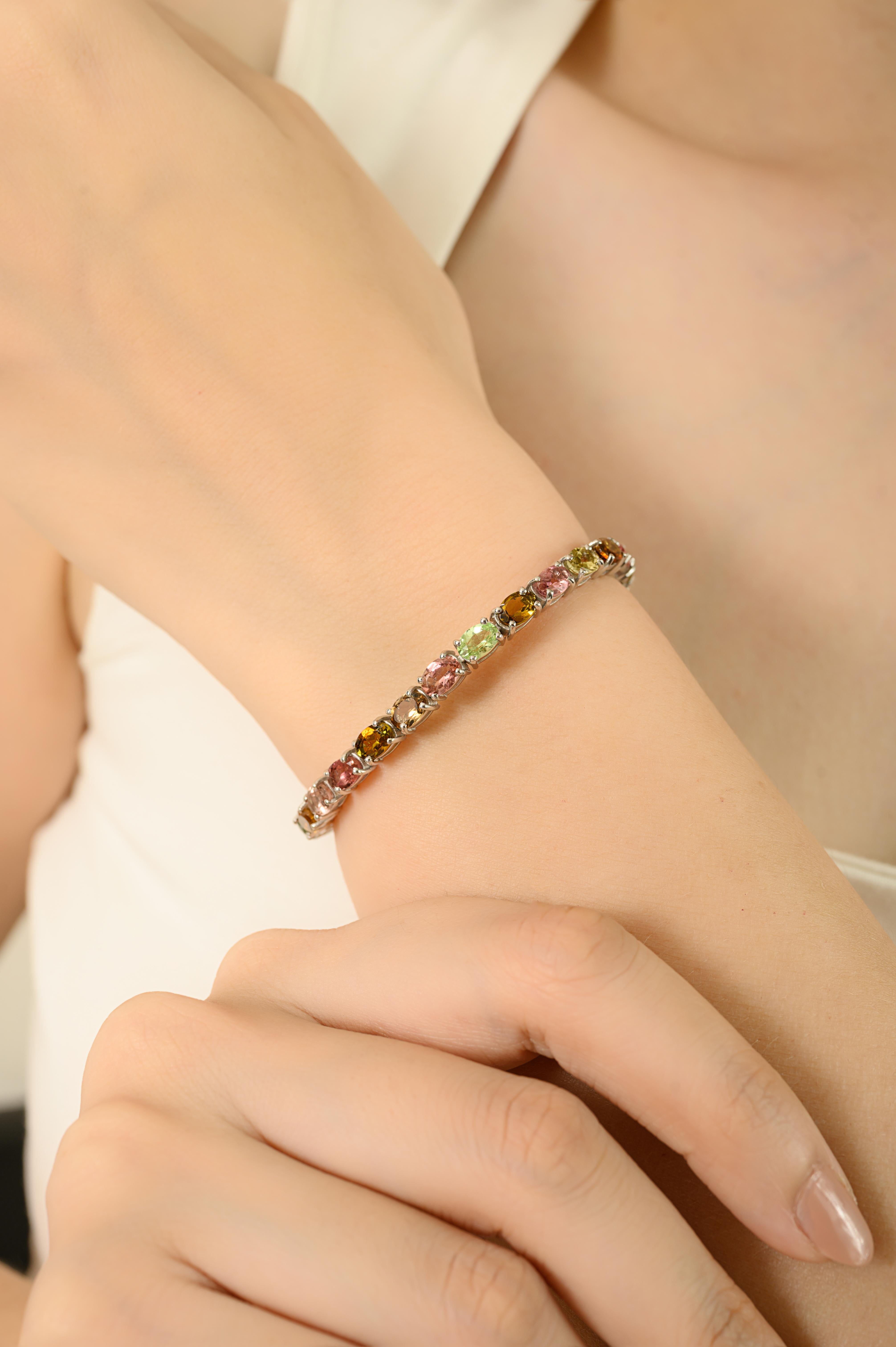 Pulsera de tenis de plata de ley con multiturmalina natural de 13,5 quilates y talla ovalada Corte oval en venta