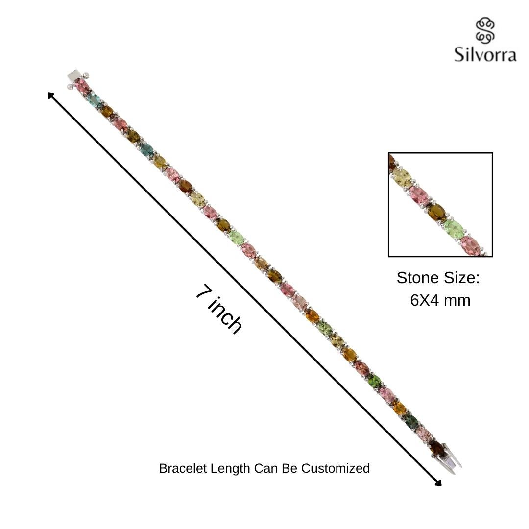 Women's 13.5 Carat Natural Multi Tourmaline Oval Cut Tennis Bracelet in Sterling Silver For Sale